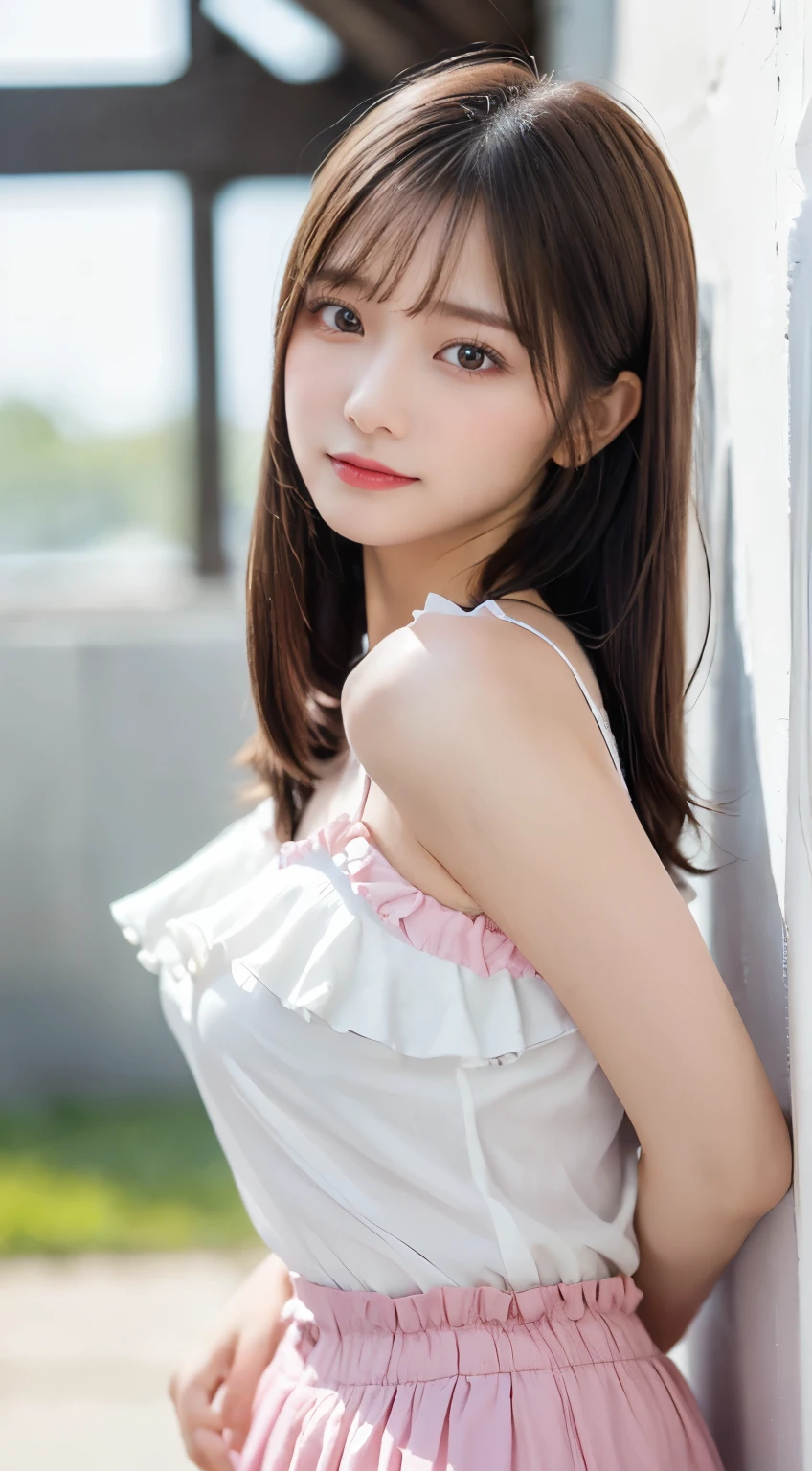 (beautiful girl、cute face、Staring at Viewers:1.3)、top quality,8K image、 perfect double eyelids、happy、natural color makeup、Moist lips、white skin、(straight hair、medium hair、straight hair, Strongly Blurred White Background 、pink camisole、 frill、 frill、summer skirt:1.3),Well-Shaped Breasts、small ass