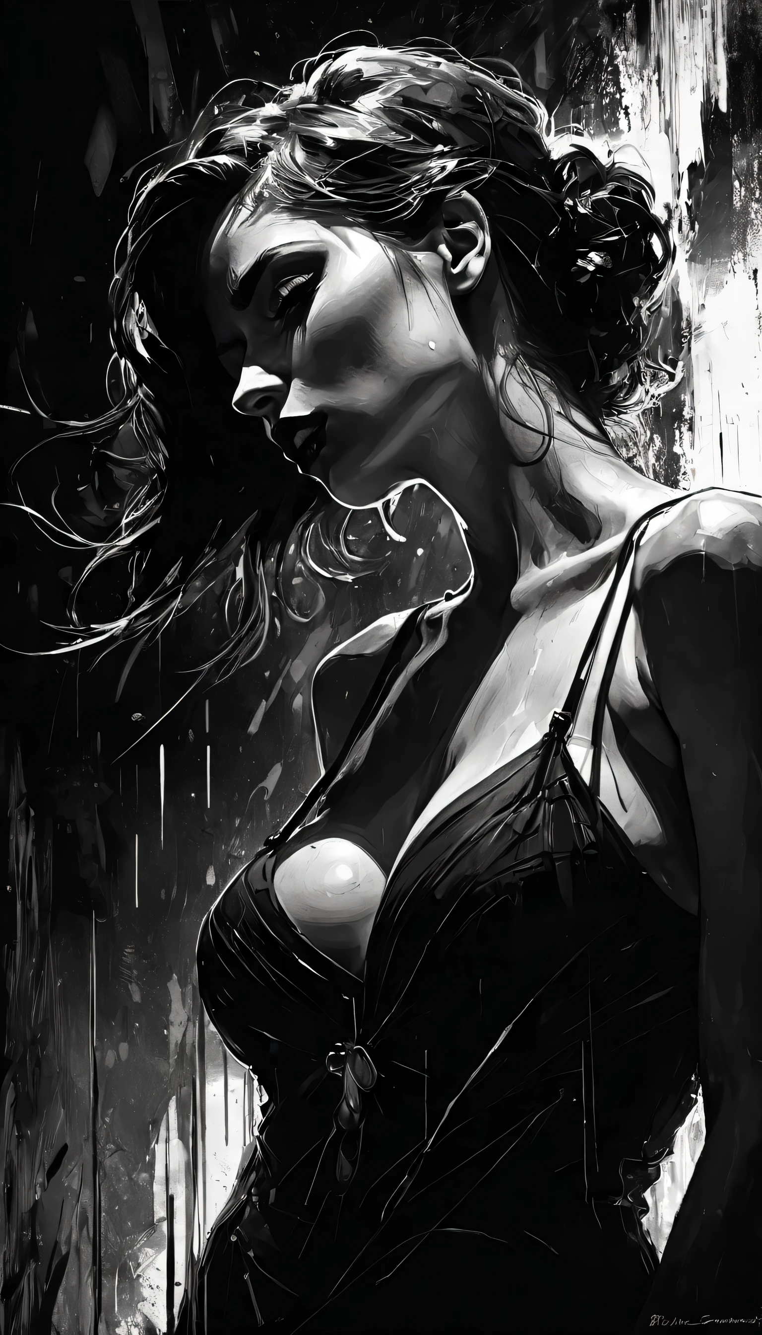 , sexy girl, elegant, Black and white image, chiaroscuro, sensual, dramatic lighting, moody atmosphere, photorealistic, intricate details, masterpiece, ultra-detailed, high quality, 8k, best quality, realistic, cinematic, dark and brooding, expressionistic, powerful composition, emotional impact (art inspired in Bill Sienkiewicz). oil painting)