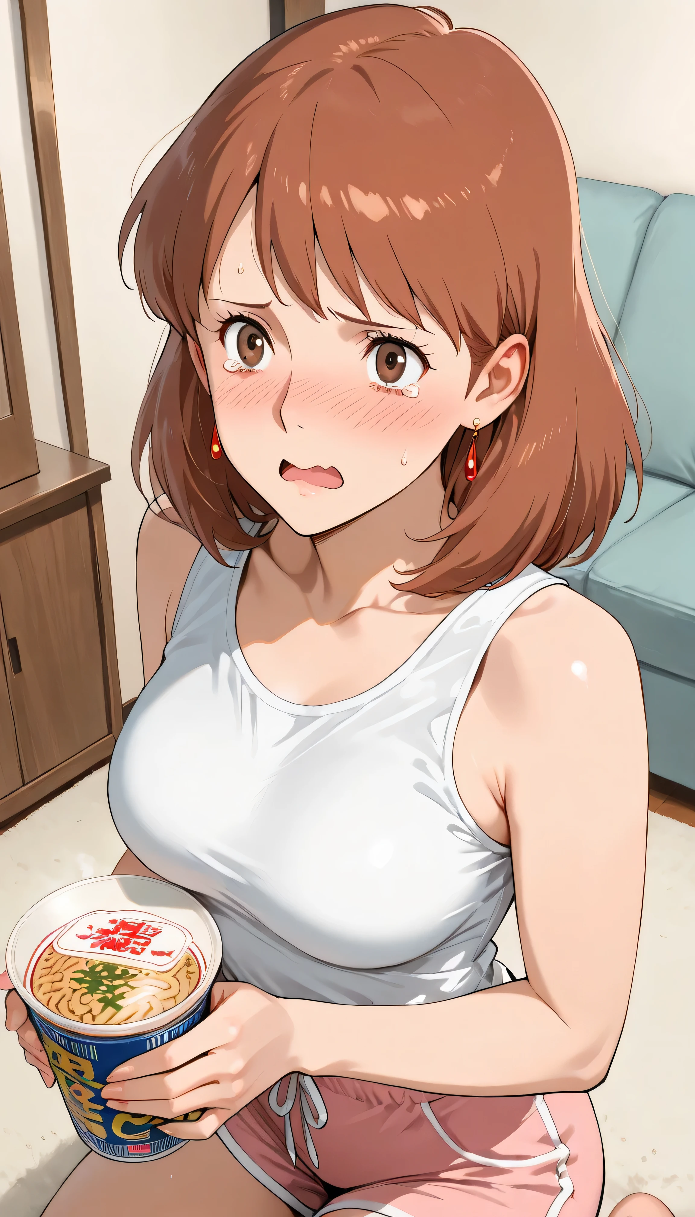 8k high score, great score, masterpiece, best quality, very ultradetail aesthetic, High quality, Ultra detailed, best quality, insanely detailed, beautiful, masterpiece (upper body shot:1.4)(from the left side shot:1.0) from above:0.8 (perfect detail face:1.0),1girl (solo:1.1) (40 years old) mature female Nausicaa,1girl,brown hair,medium hair,brown eyes, (white tank top)(pink shorts) medium breasts, voluptuous (facing ahead) (Holding cup noodles:1.2) (tearing up:1.3) bags under eyes nose blush kneeling (open mouth) wavy mouth:1.1 (japanese apartment living room)