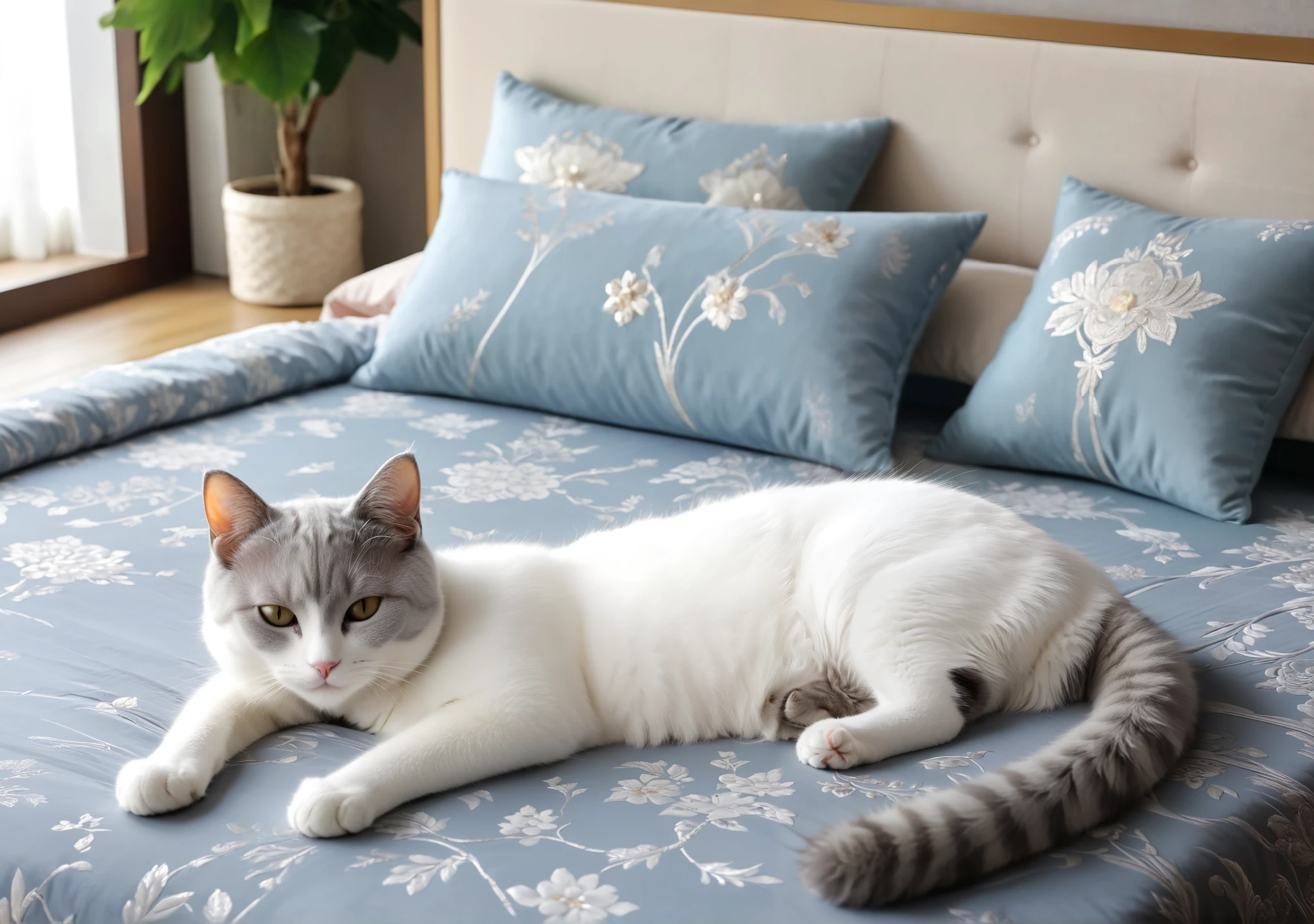 The gray and white cat、Anthropomorphic cat、 cute cat、on a richly decorated bed、Sleep on your stomach, Foreleg, sleeps stretched out。Bright and luxurious room