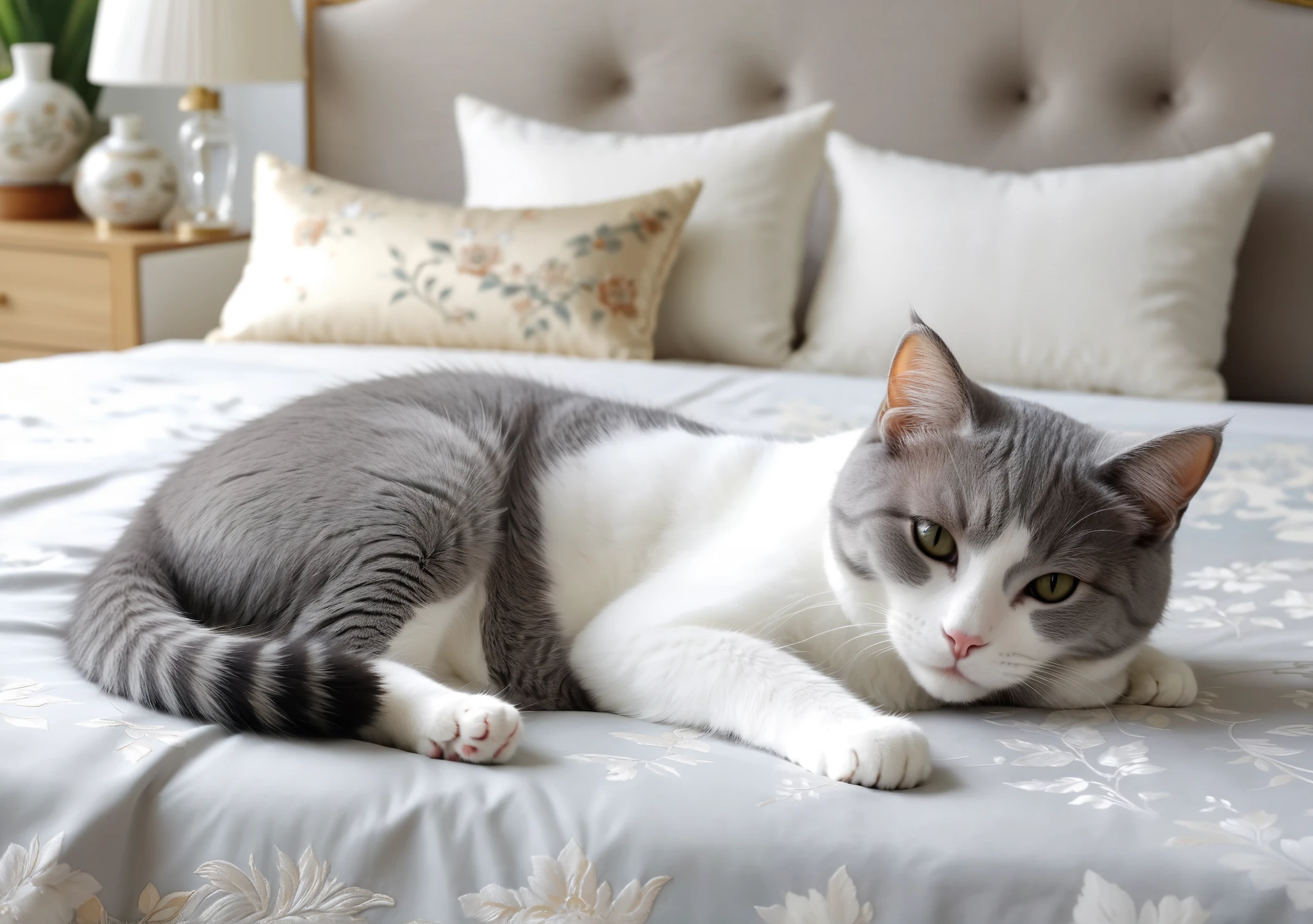 The gray and white cat、Anthropomorphic cat、 cute cat、on a richly decorated bed、Sleep on your stomach, Foreleg, sleeps stretched out。Bright and luxurious room