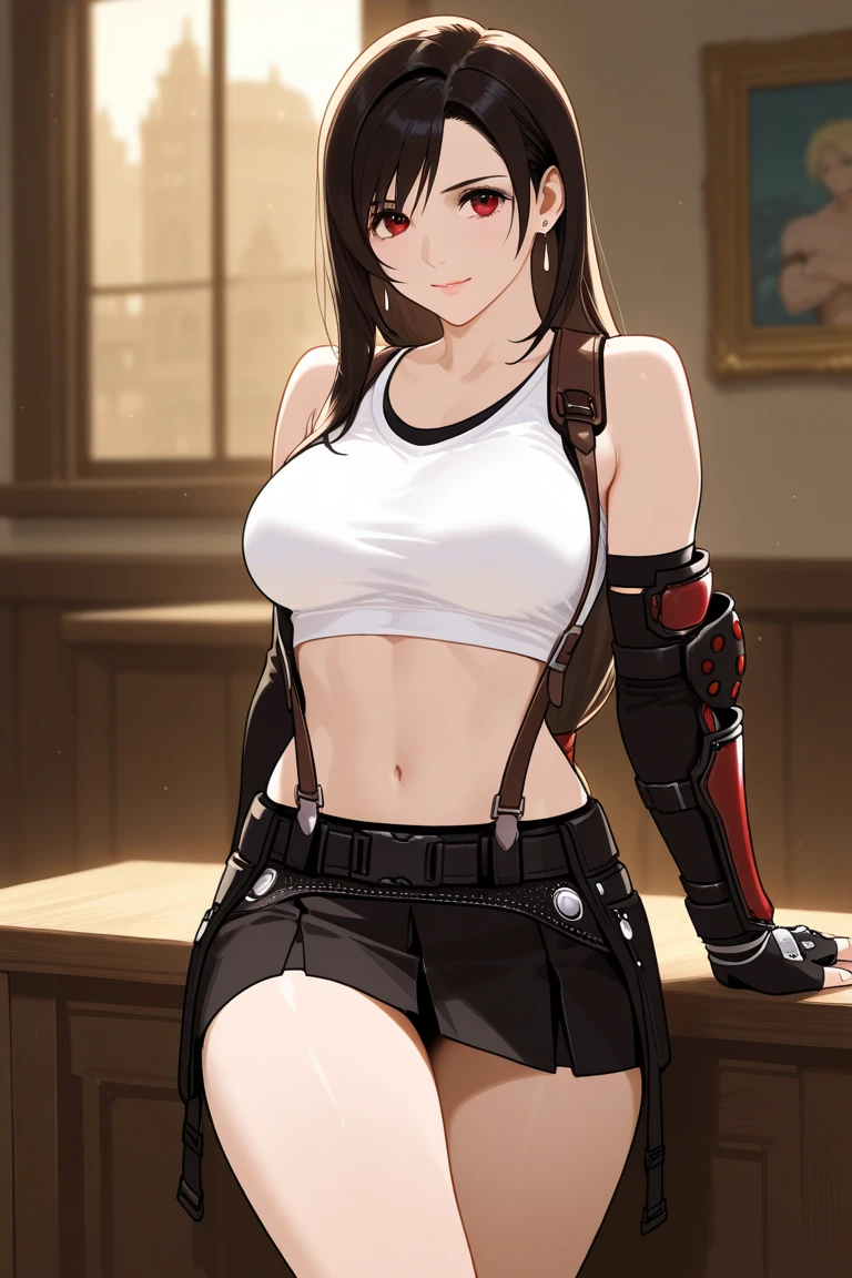 ((masterpiece)),(Highest quality),(Mutsu Kai Ni Kantai Collection:1.15)Highly detailed CG,Super detailed,(indoor, office, living room), ,One girl,alone,white_gloves,brown_hair,short_hair,big_chest,black_skirt,green_eye,headgear,プリーツskirt,smile, abdomen,ミニskirt,hairband,belly button,chestの谷間,wireless_antenna,Flipped_hair,blush, Big Breasts