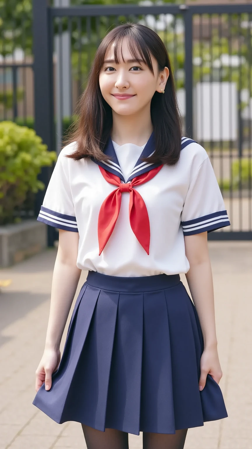 (a sailor suit:1.3)、hi-school girl、Sexy and cute、Colossal tits、perspiring、Wet crotch、seductive angles、(White pantyhose:1.2)、Best Quality, masutepiece, 超A high resolution, (Photorealistic:1.4), Raw photo,8K,japanes、女の子1人、17 age、Perfect looks、hi-school girl、((Running:1.3))、cute face、A smile、(Full body portrait:1.2)、stunningly beautiful、dynamicposes、delicated face、Lively eyes、No letters、No logo、bob cuts、A dark-haired、((Crowded Streets:1.2))、Cute smile、cammel toe、(Black miniskirt:1.2)、((White panty:1.2))、beauty legs、perfectly proportions、((Skirt twisted by the wind:1.2))、Black loafers