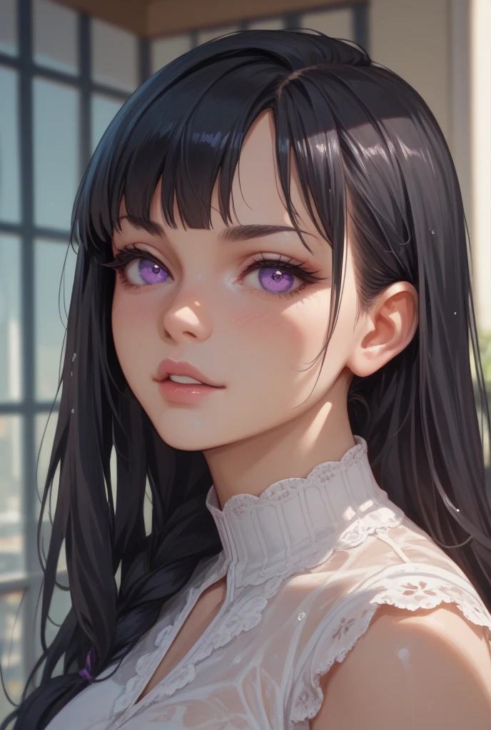 Realistic, 1fille, cheveux noirs , yeux violets, yeux brillants, haut court, Jupe, parted lips, rougir, Nuit, fleurs, Soleil, Soleillight,