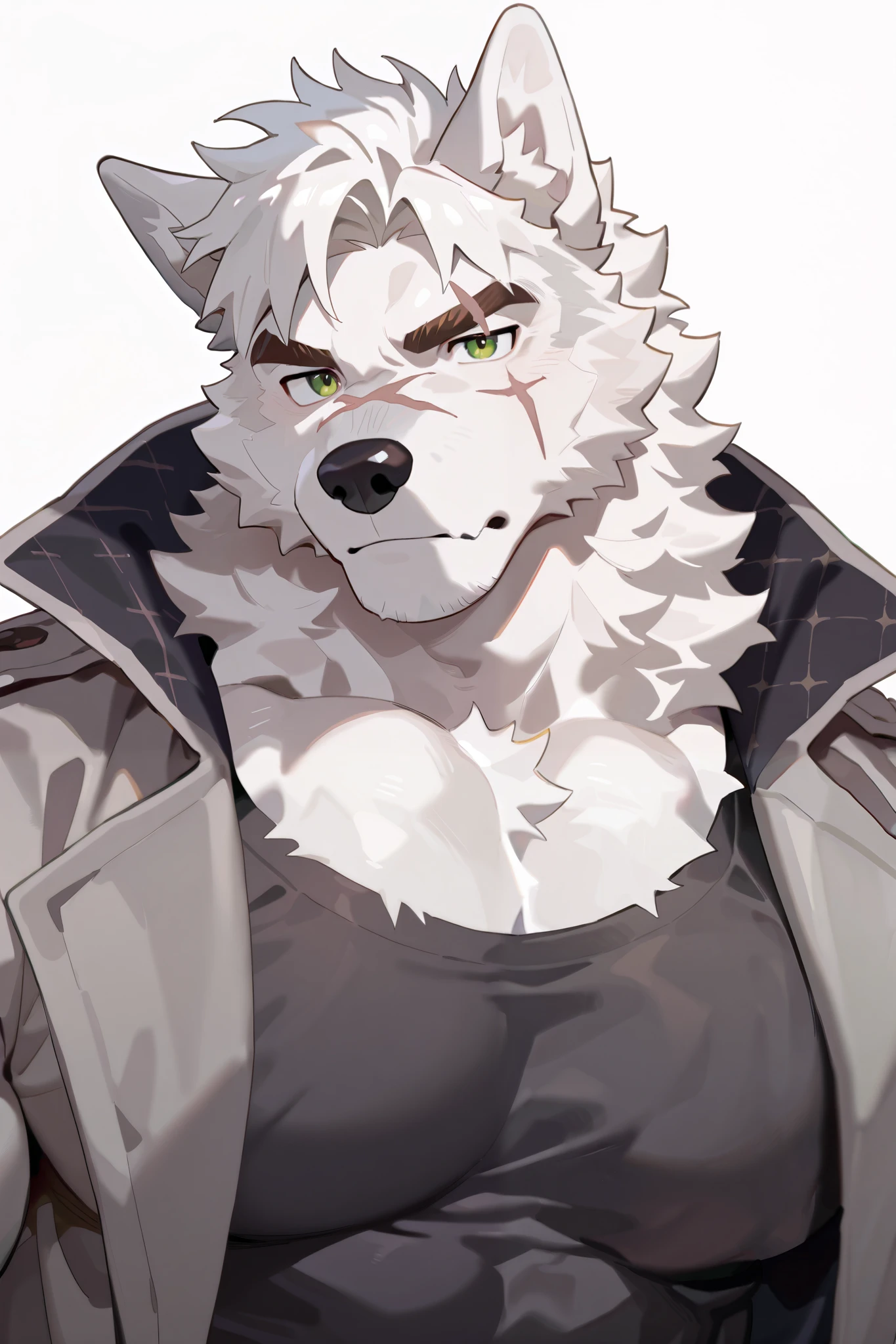 1 boy , alone, human furry , Wolf, white fur, , Dark pattern , green eyes, Eye with Scar, White hair,Brown eyebrows,Sturdy ,muscular。
detective,grey coat。
Confident Gesture、
masterpiece, in your own home,