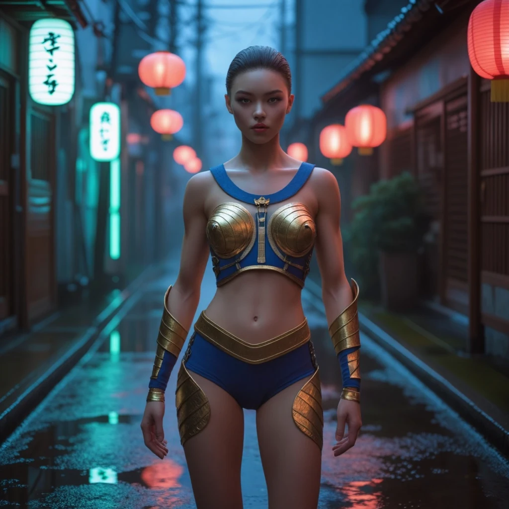 (best quality,4k,8k,highres,masterpiece:1.2),ultra-detailed,(realistic,photorealistic,photo-realistic:1.37),A sexy Japanese woman, age 20, ankle length hair, giga breasts, petite, metal tape swimsuit, is practicing fencing in the rain using her lightsaber,anime,metallic colors,moody lighting