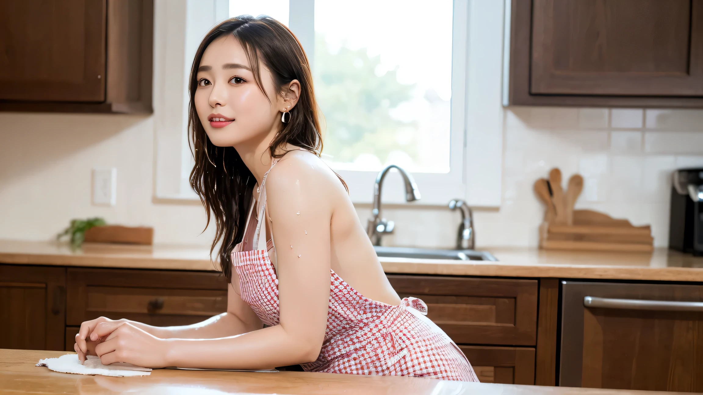(32K:1.9, top quality, masterpiece,  ultra high resolution with oil , professional camera work with random angles:1.5, Highly Detailed Skin and Face Textures:1.4), Always accurate, very well detailed, ((2 Japanese Wife, Big breasts on the verge of collapse,  cooking in the kitchen :1.6, The morning light illuminates the hut,  wear only a gingham check apron, naked.:1.7,  Surprisingly Thin Body :1.5, The areola is not visible)), Xiaoyan, white skin, elegant, sense of cleanliness, Vegetable cutting pose, (Big, beautiful and sensual eyes:0.4, is a smiling face:1.0, I love you with all my heart:0.8, Please Open Your Mouth a Little, lipstick,  beautiful eroticism :0.9), (Wet dark brown messy hair), earrings, necklace, bracelet, (romantic,  artistic,  mystical ), Object of praise, original, dramatic, Innovative, charm, Heartful, gorgeous,  sense of openness , special, exciting, Extreme, , sense of loss, sorrow, Expression of sorrow, (((The charm of youth, Feminine charm)))、(arm)、 and I was excited to confirm that I did !、bungs、(I can see the side),(sideboob),(topless),(side view),(The thighs are slightly visible),(Two wrist)