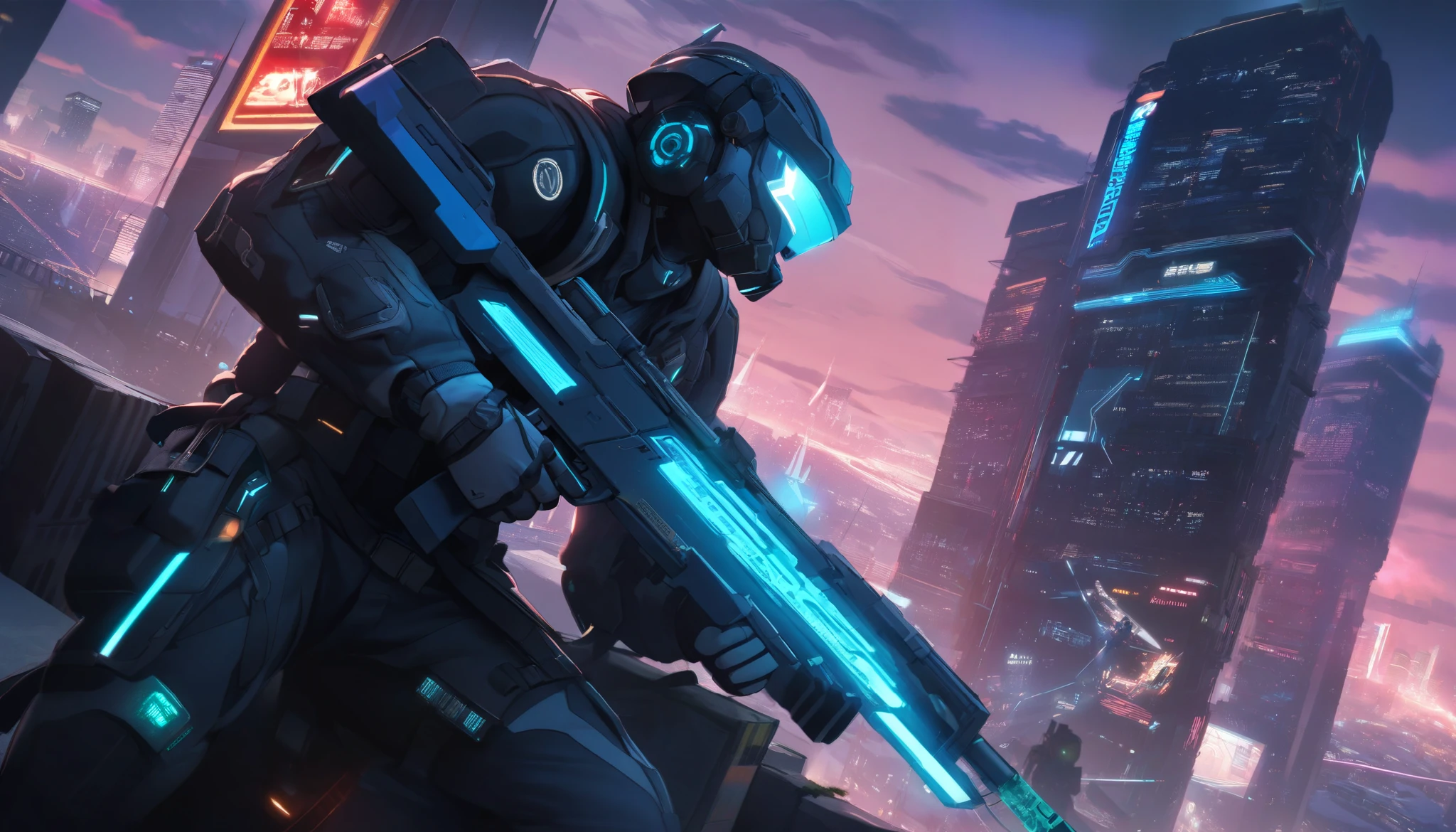 A futuristic cyberpunk soldier crouches on the edge of a rooftop, surveying a sprawling neon-lit metropolis. He wears an advanced armored tactical suit in shades of teal and black, detailed with reinforced plating, glowing circuitry, and a high-tech visor displaying a heads-up interface. A sleek energy rifle with a glowing blue power core is held in a ready position, aimed at a distant target. His backpack, emitting a pulsating neon glow, features intricate mechanical components, suggesting an advanced energy or life-support system. Various pouches, grenades, and tactical gadgets are strapped to his belt and thighs, emphasizing his readiness for urban warfare. The city below is a dense cyberpunk sprawl with towering skyscrapers covered in massive holographic billboards and vibrant neon signage in different languages. Flying vehicles streak through the sky, leaving behind glowing light trails. Some buildings have visible drone security patrols scanning the streets below. The background showcases a dense, atmospheric skyline with a mix of modern and dystopian architecture, under a twilight sky blending deep blues and purples with scattered clouds reflecting the vibrant city lights. The environment is richly detailed—rusted metal beams, overgrown moss patches, and cracked concrete give the rooftop a gritty, lived-in feel. A neon sign on the building beside him flickers, casting dynamic lighting onto his armor. The soldier’s pose is dynamic yet composed, exuding confidence and stealth. The perspective captures the vast scale of the cybernetic city while focusing on the intensity of the warrior’s mission. Ultra-high resolution, hyper-detailed textures, cinematic lighting, and atmospheric depth create a striking, immersive cyberpunk scene