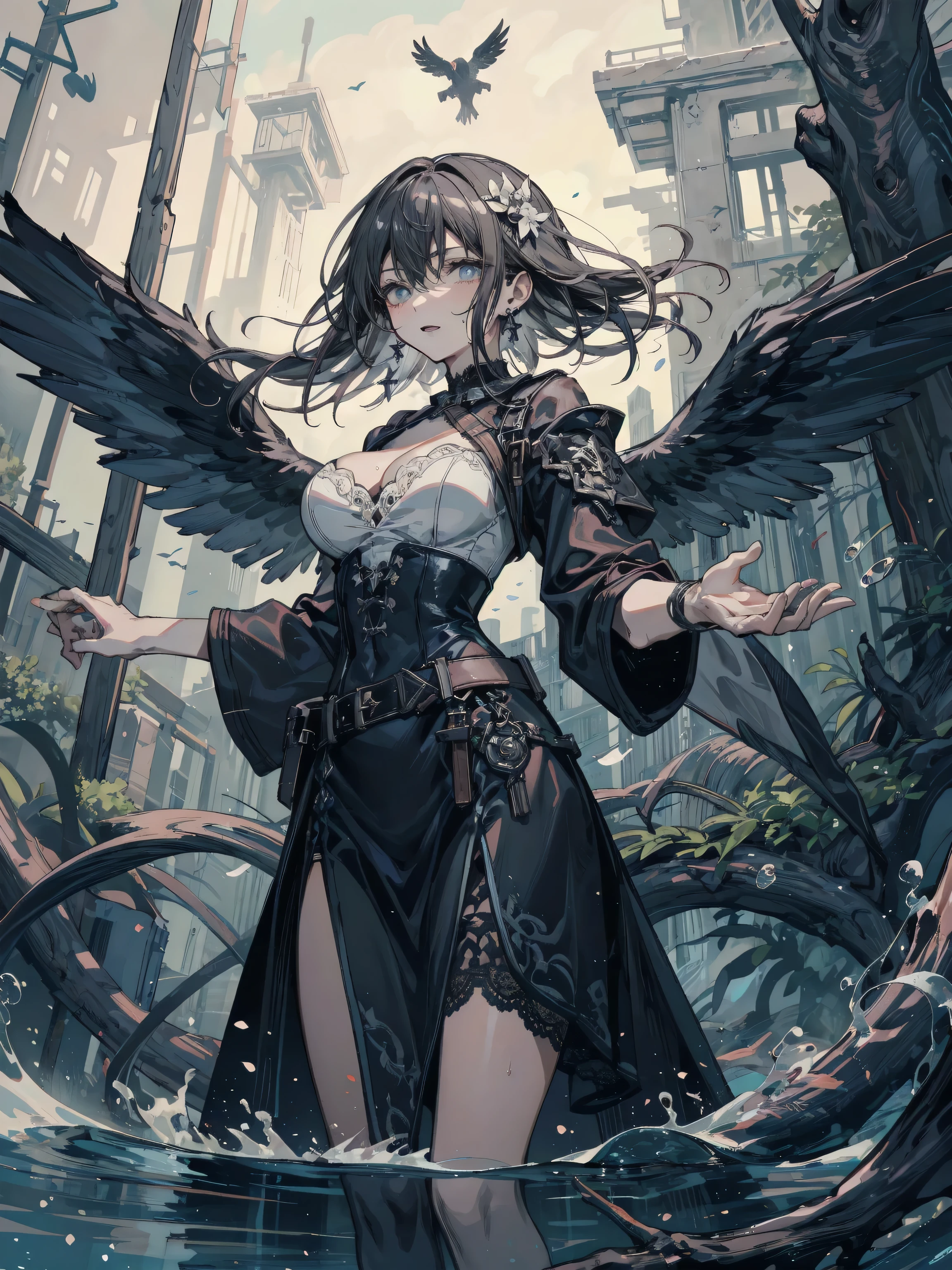 Pure sky,Plump legs,Green gem setting,Anime girl standing gracefully on the ground,Black cape and green hair, rogue anime girl, Anime girl standing, Wearing a cloak on the blasted plain, asuka suit under clothes!, Cyborg girl, badass posture, mechanic punk outfit, anime styled 3d, render of a cute 3d anime girl, gapmoe yandere grimdark, Female character,musculature,Abs,Glowing green eyes,Black hair with green gradient,extra very long hair,Bunched hair,Dull hair,(Muscle 2.0),Tomboyish,Be red in the face,looking at viewert,Elaborate Eyes,huge tit,1.5,ssmile,Openwork black silk,Straight big breasts,strappy,Black cutout miniskirt,White bandeau,High-fork panties,Toothless smile,Lower breast,Mechanical wind,There are no cities,Side breasts,Excitation,Top crotch,Sexy lower abdomen,Camel toes,Sexy underarms,See panties