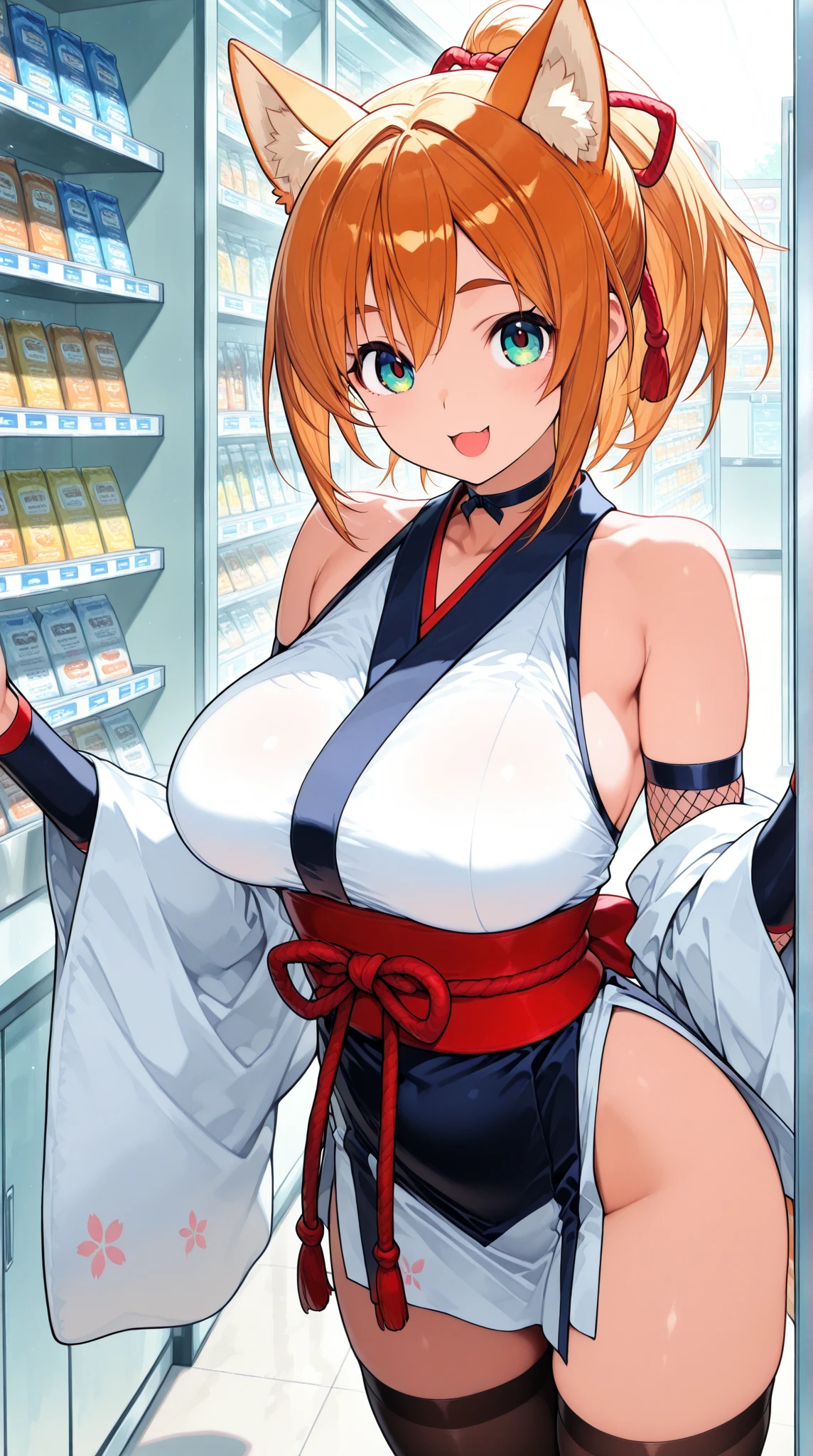 (1girl:1.3), (solo:1.2), curvy, (masterpiece:1.2), (best quality:1.2), (dynamic pose:1.4), (confident:1.2), smile
<lora:BlushySpicy [MockAi - v1.0]:0.8> blushyspicy, thick lineart, cute, pinup, vibrant colors, (large breasts:1.4), (cowboy shot:1.2), <lora:Matsumoto Rangiku [Goofy_Ai - v1.0]:1> matsumoto rangiku, orange hair, long hair, blue eyes, huge breasts, japanese clothes, cleavage, kimono, sash, (japanese convenience store:1.4), (inside:1.3), modern, (konbini), shelves, groceries,