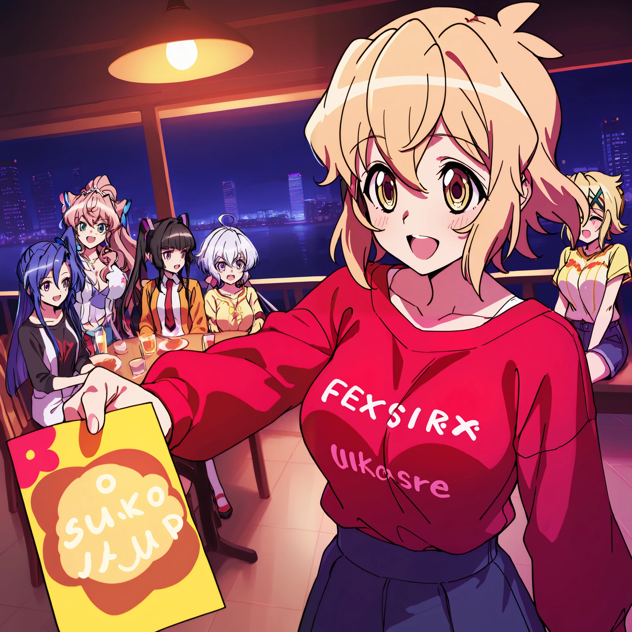 ((Six Girls)),party in public、 Congratulatory、全員がparty in publicドレスを着ている、 tachibana hibiki ,Akatsuki Kirika, ,Yukine Chris, kazanari tsubasa,tsukuyomi shirabe, Maria Cadenzavna Eve、symphogear、Senki Zesshou Symphogear、Akatsuki Song 、 Hibiki Tachibana、 Yukine Chris、Tsukuyomi Cho、Maria Kadenzavna Eve、Fengmingyi、背景はparty in public会場、bright light that emits bubbles、