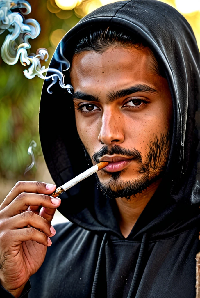 Generates a man smoking marijuana but the smoke he emits is of multiple colors.