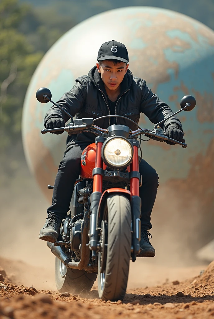 A boy in modified KTM RC 200, bang written in its fearing, kyt helmet, black hoodie with Xace the Og written, grey track, converse shoes, beautiful view of sunset around the hills, looking at the view