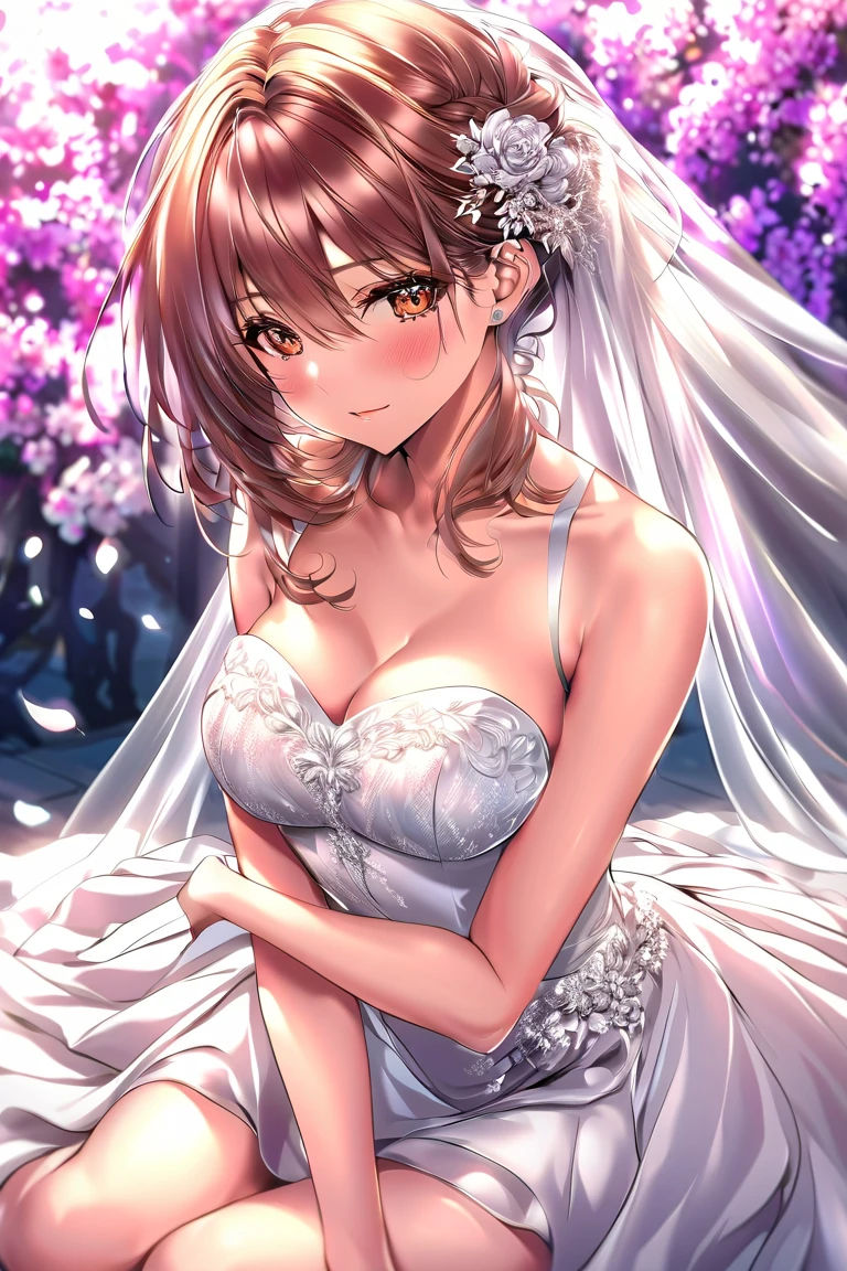 1girl, solo, looking at viewer, simple background, brown hair, gloves, dress, holding, jewelry, flower, earrings, elbow gloves, white gloves, white dress, black background, veil, bouquet, wedding dress, bridal veil, holding bouquet, bride
