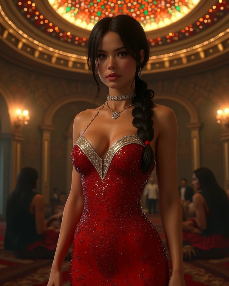 8K image quality: A beautiful woman with a red dress is dancing in a dance hall, purple, blue, red, and yellow lights are everywhere, she is so seductive with a large bust, many people are dancing with her. she