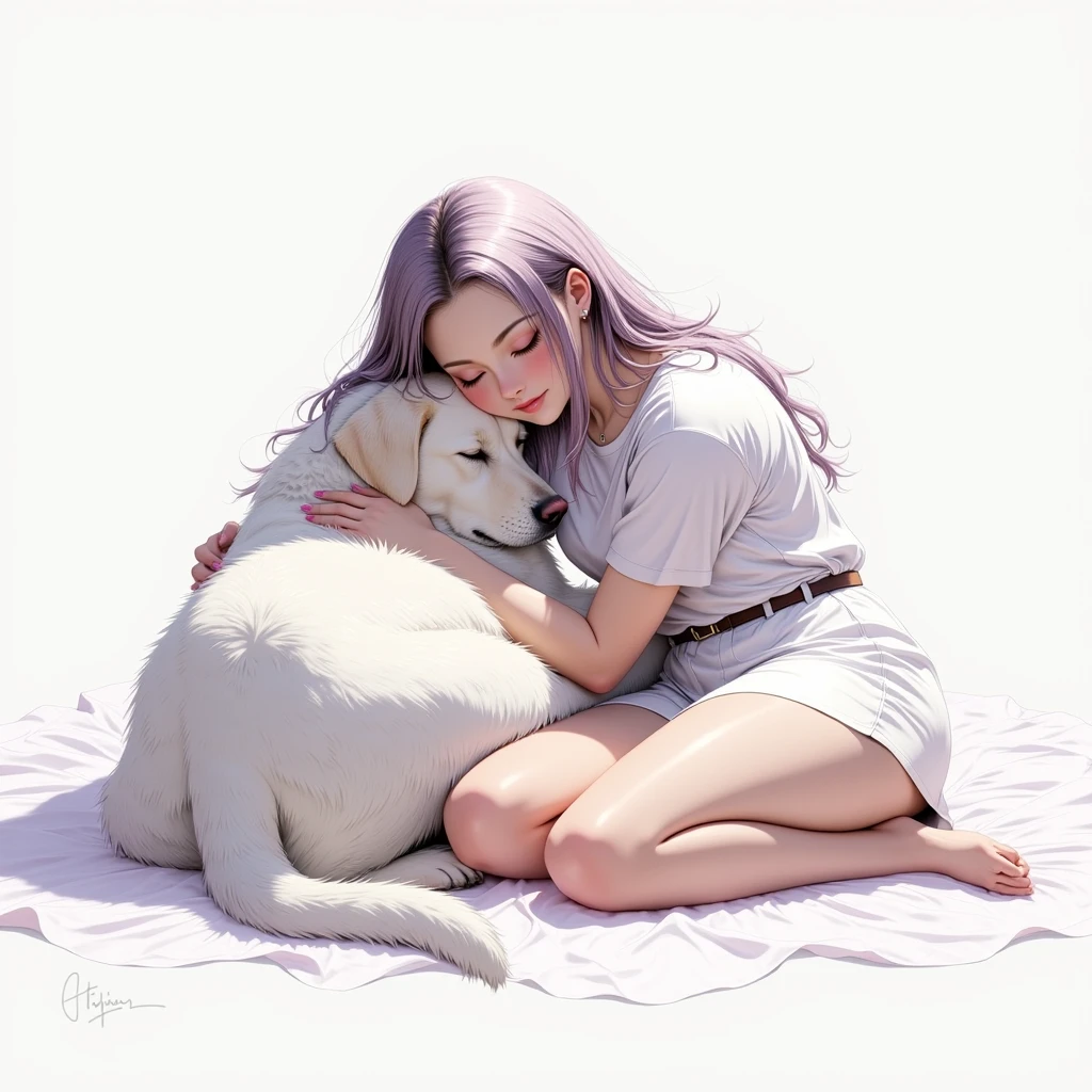 A sleeping Asian woman, 25 years old, realistic, she wears pink 7-point shorts, white t-shirt, white hair. High detail, high resolution. Sleep with puppy in your arms, white skin, hold puppies, hold puppies