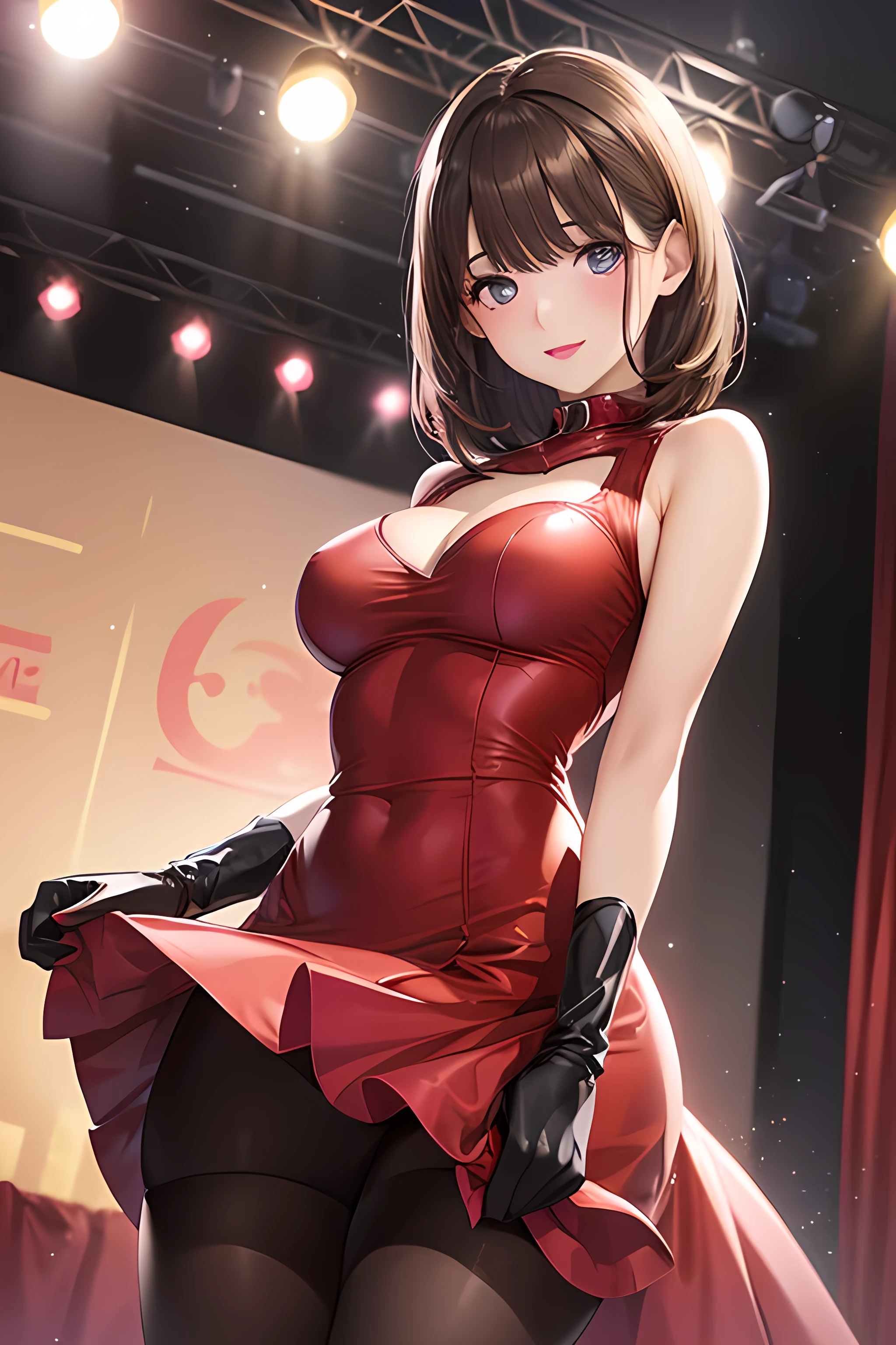 anegasaki nene、Shiny brown hair, short hair, (Beautiful brown eyes、Sparkling eyes, Fine grain)、smile、Ultra-detailed eyes、Very detailed顔, Very detailed目,
(One girl, alone, alone),
((alone, (1 Female,Pink lipstick,), Very detailed , Soft indirect lighting, 4K, Perfect Eyes, Perfect Face, Perfect lighting, The first girl)),
, ((Evening Dresses, Red dress, Red gloves, Red High Heels, black tights, Mansion, stage, Red carpet))