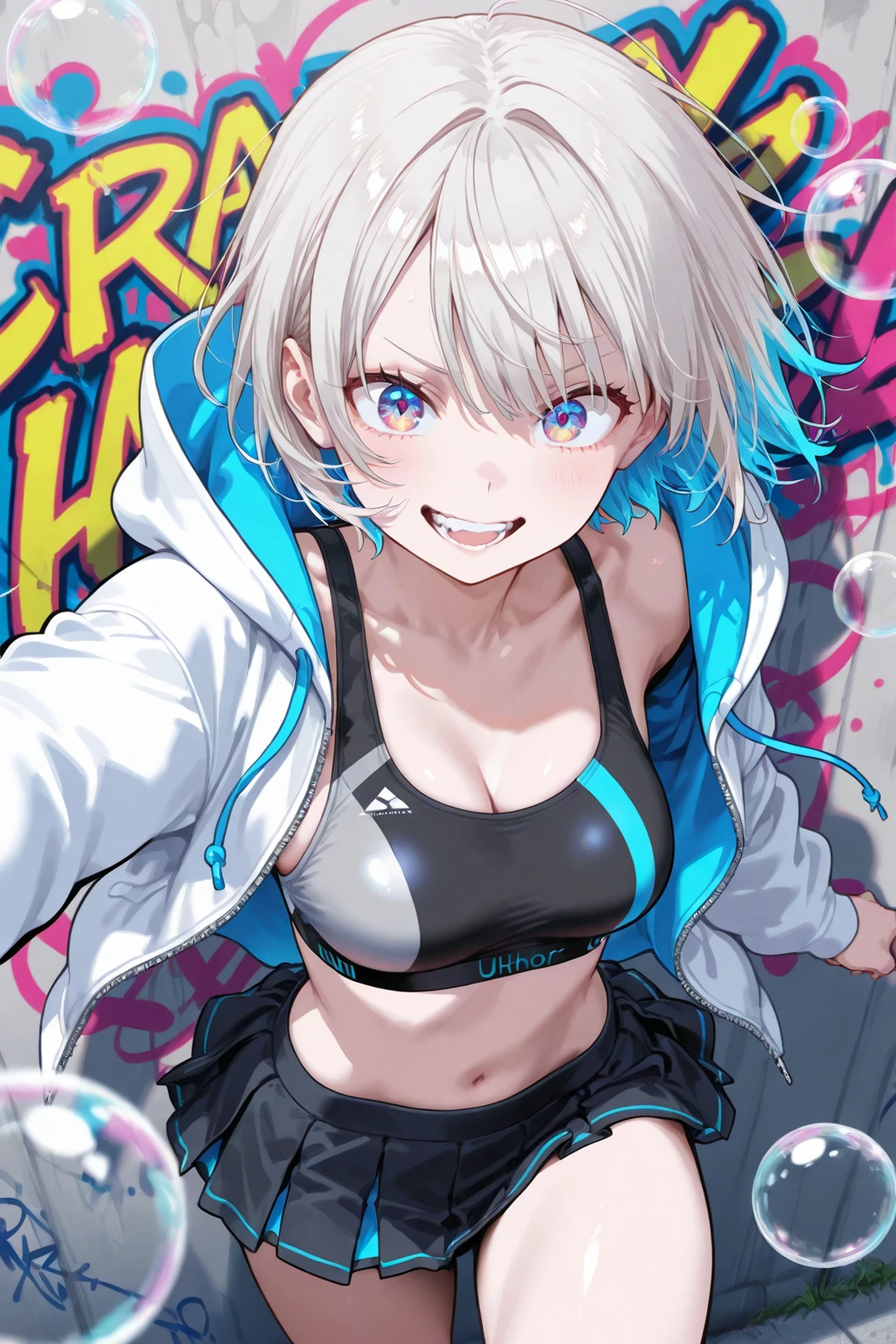girl with Bubbles, Graffiti, Vector Illustration Style, Crazy details, Ultra HD picture quality, Crazy details, bright colors, An adorable , dynamic pose, miniskirt, Wearing a flashy hoodie, Visible vibrant sports bra