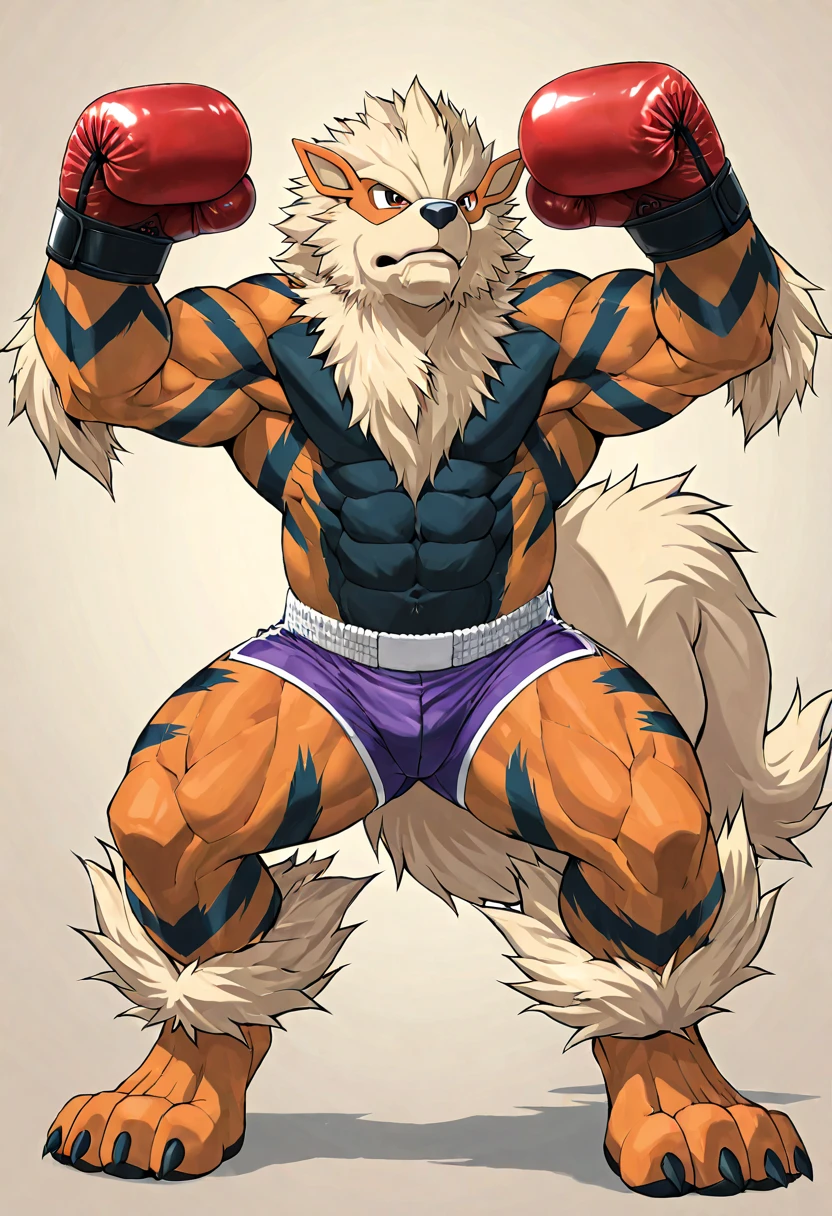 arcanine, very muscular, muscular legs, muscular arms, wrestling ring, strong pose, sixpack, mane, detailed, wrestling trunks, blue wrestling trunks, armbands, by wfa, correct anatomy, correct proportions, big paws, correct hands, smile, confident, proud, bare feet, large tail,
