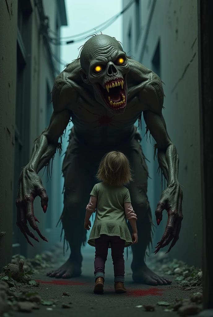a Monster black with red eyes, he grab in your hand a very young girl , Village scenery in flames.