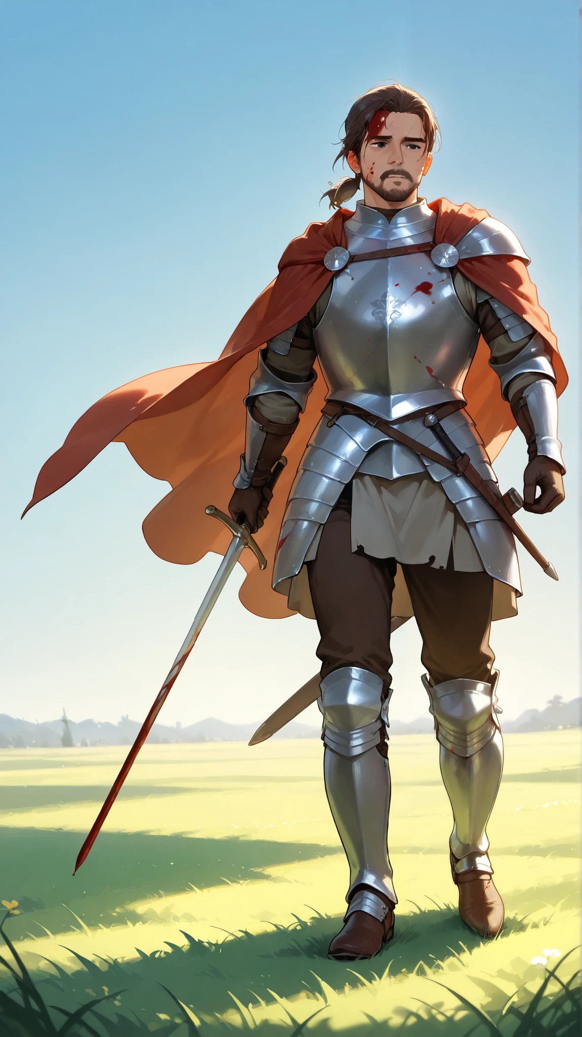 a mature male, bright skin, black eyes, brown hairs, short ponytail hair, soft light, high detailed, best quality, on meadow, fit body, very far point of view, detailed face, detailed eyes, full body, wearing full prince medieval armor, wearing prince cloak, holding one sword, covered by prince armor, blue sky meadow background, walking scene, alone, blood on armor, blood on face, blood on hair.