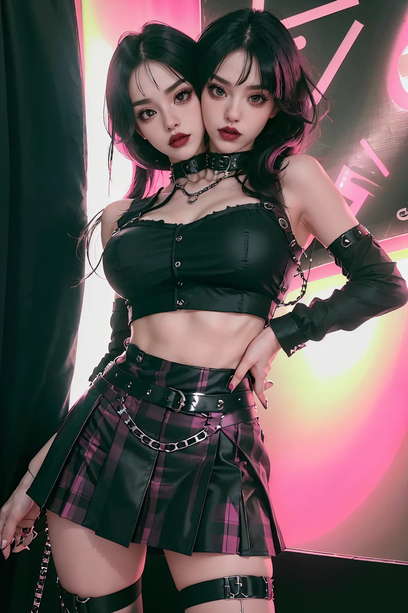 edgpskirt, punk skirt, best quality, masterpiece, illustration, (realistic, photo-realistic:1.37), amazing, finely detail, incredibly absurdres, huge filesize, ultra-detailed, highres, extremely detailed CG unity 8k wallpaper, ray tracing, nsfw, 1girl, young girl, large breasts,  A photorealistic image of a beautiful and rebellious punk girl with black hair randomly bleached pink posing in a studio. She wears an edgpskirt plaid mini skirt in black and pink with multiple brown leather belts as suspenders and a collar. Her top is a ripped black fishnet top showing off most of her midriff and underboob. She wears black suspender stockings. Her accessories include shiny silver chains crisscrossing her skirt and pink ribbons in her hair. Dramatic lighting with high contrast shows off her gorgeous punk make-up with bold black and pink eyeliner, dark eyeshadow and bright red lipstick. Every detail is ultra-realistic punk rocker style, conjoined_dicephalus, (two heads:1.2)