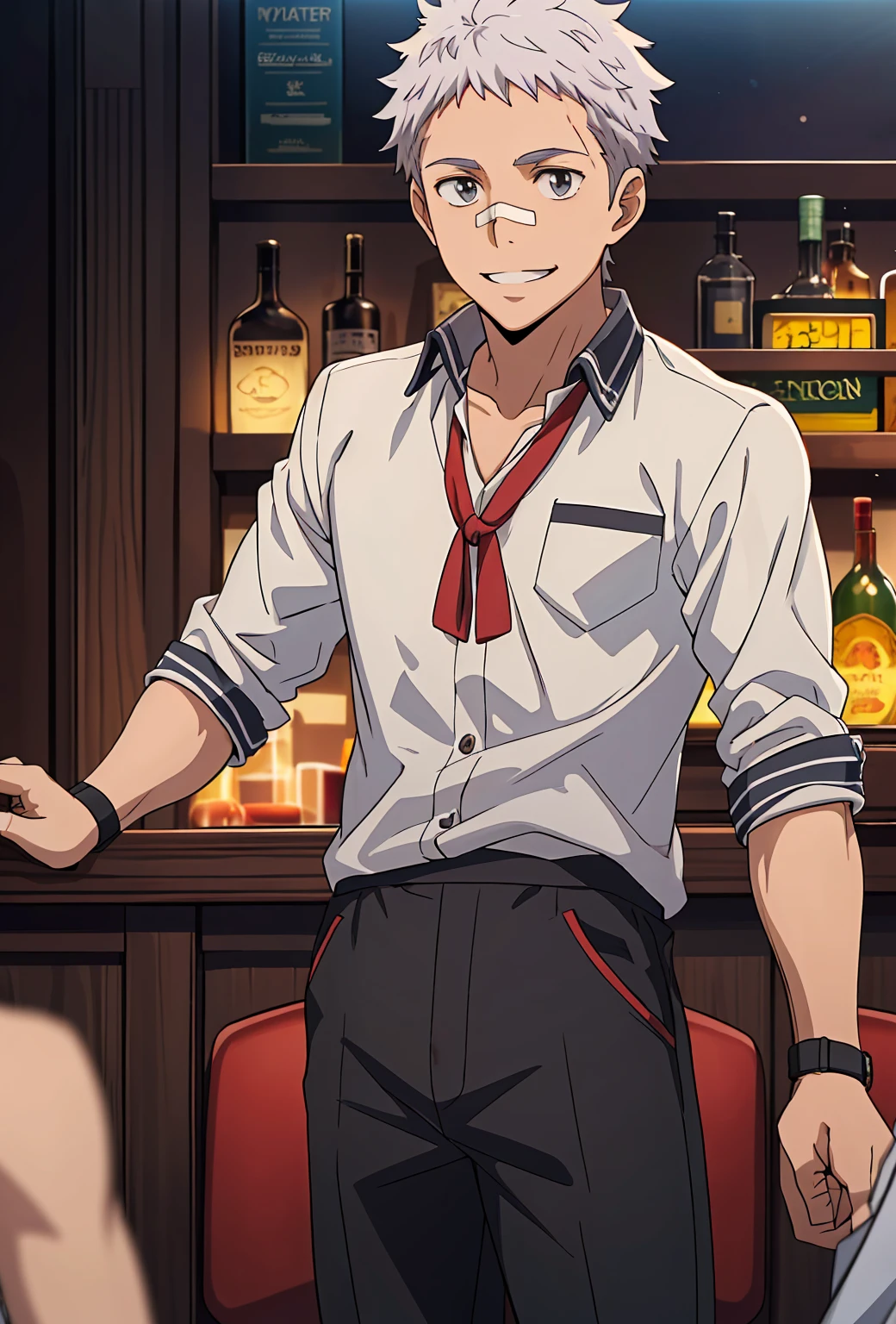 anime boy, bartender, happy expression, holding glass, smiling, dark blue hair, blue eyes, red clothes, white shirt, tavern, pub (beautiful and aesthetic:1. 5), thick black lineart, clean lineart, perfect lineart, moody lighting, gritty, intense, sharp lineart, best quality, high quality, best quality, ultra-detailed, saturated colours, HD,
