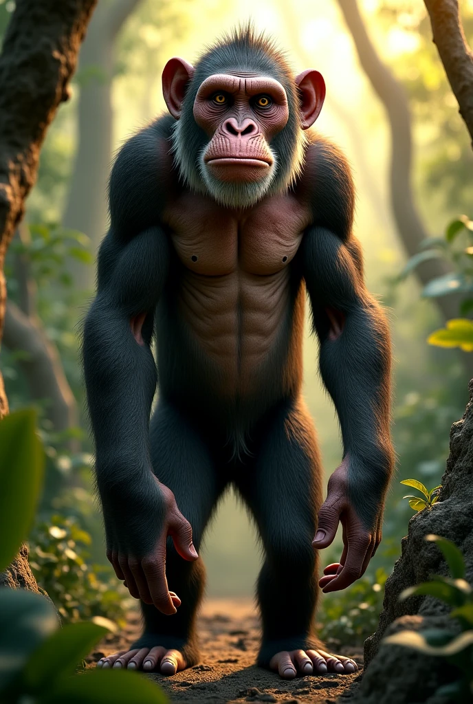 Panoramic front view，There is a wild beast in the mountains of Guilin，It looks like a brown monkey and its ears are white.，Standing upright like a human（best quality，4K，8k，High level，masterpiece：1.2），Ultra Detailed，（lifelike，Photo real，Photo real：1.37）