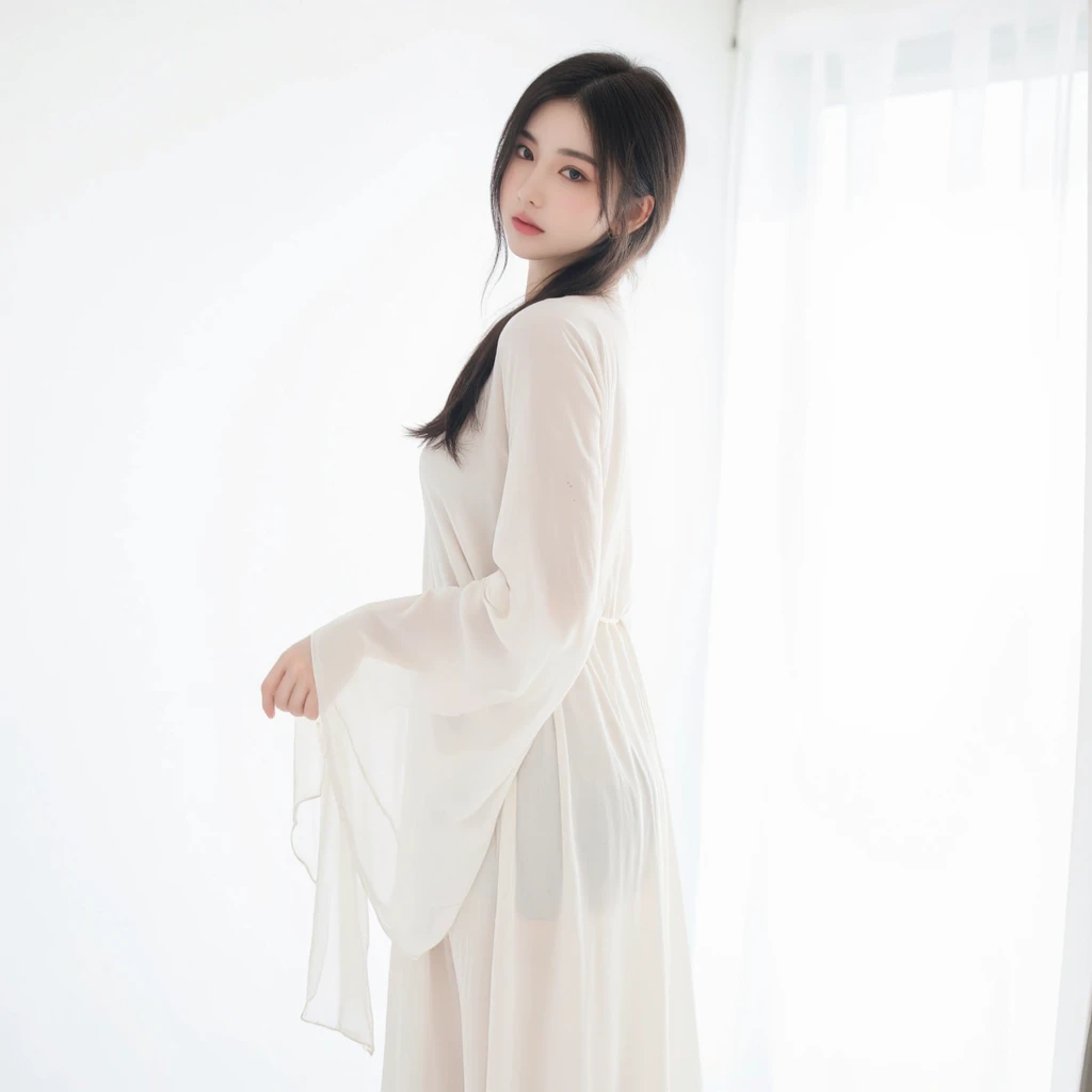 (unity 16k color, masterpiece, Best quality, ultra detailed, Extremely detailed computer graphics, beautiful detailed eyes, detailed shadows, Beautiful Russian girl 28 summer height 180, censorship, Little butt, dressed in a tight dress, long white hair, costs, posing for a photo, beautiful smile Ultra high definition