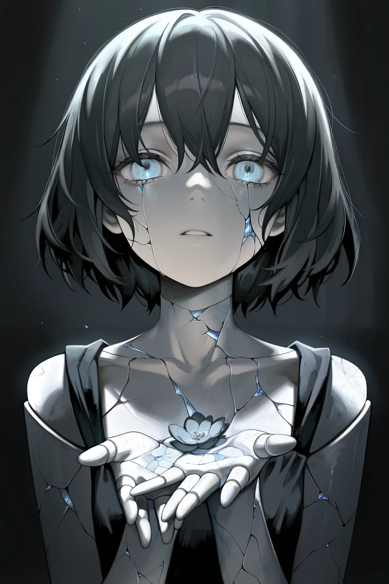 masterpiece,best quality,amazing quality, very aesthetic, 1girl, doll joint, doll girl, cracked skin, highly detailed face, haunting gaze, porcelain skin, fragile expression, delicate hands, intricate joints, intricate doll mechanisms, intricate cracks, moody lighting, dark fantasy, inematic, dramatic lighting, muted colors, melancholic atmosphere