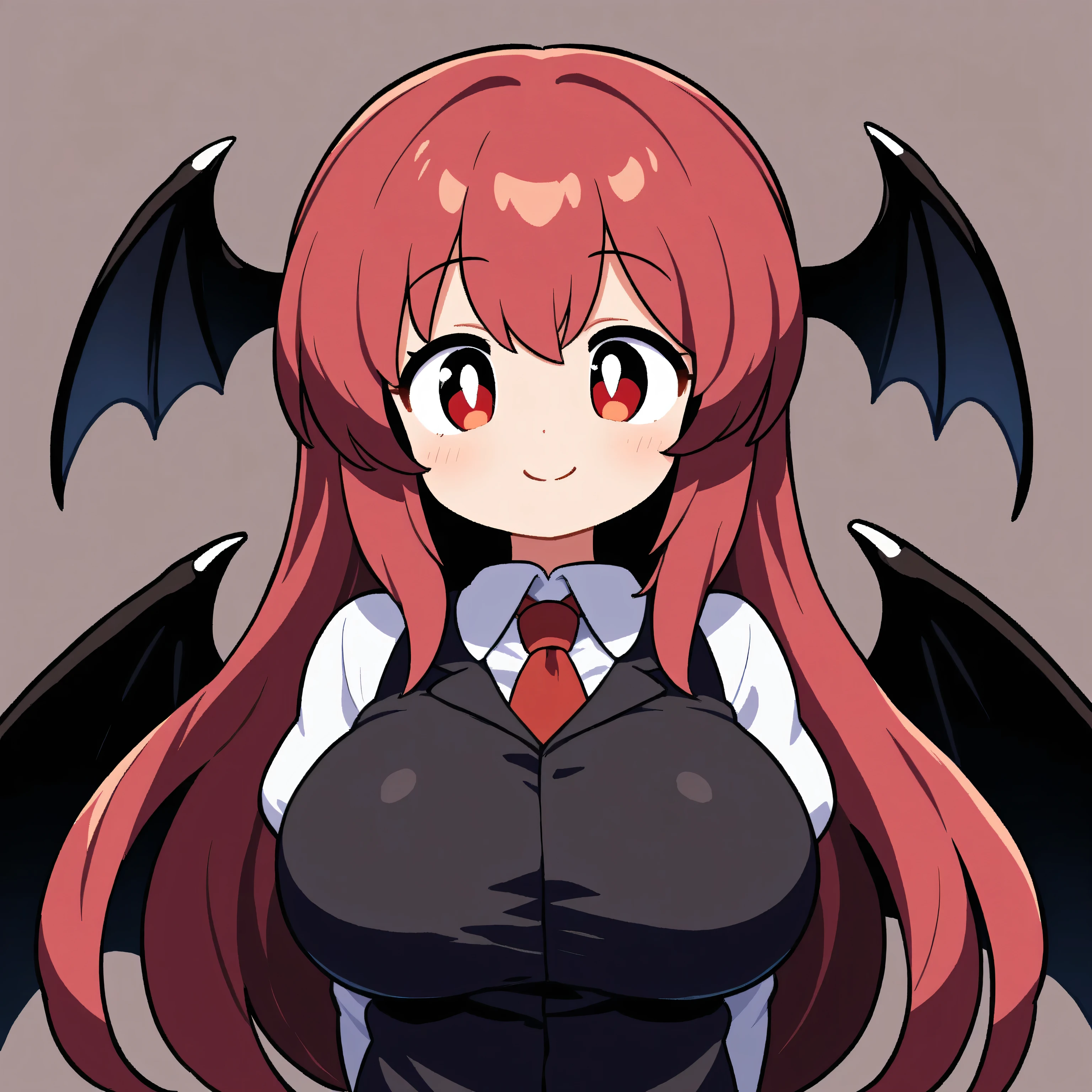 koakuma, large breasts,solo, upper body, front, clothing, smile, look at viewers, simple background,HD