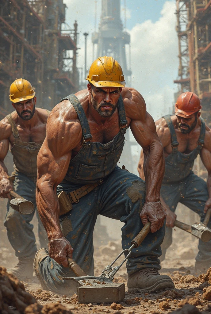 Several pumped-up bricklayers at work 
