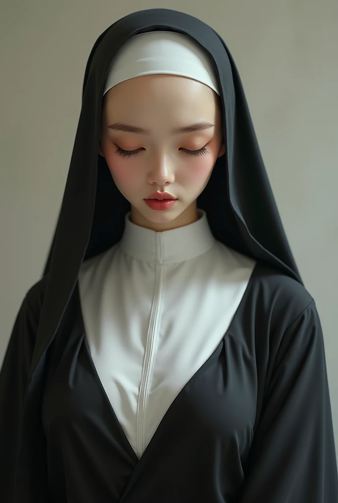 (Masterpiece, Young Nun), (High Quality, Spiritual Figure), (Female Character, Religious Icon), (Detailed Attire, Habit), (Nun's Veil, Covered Head), (Bare Neckline, Modest Plunge), (Natural Complexion, Radiant Skin), (Soft Lighting, Holy Sanctuary), (Realistic Texture, Fabric Wrinkles), (Deep Focus, Close-up Portrait), (Young Face, Innocent Expression), (Hands, Holding Rosary Beads), (Gazing into the Distance, Contemplating), (Serene Environment, Monastery), 