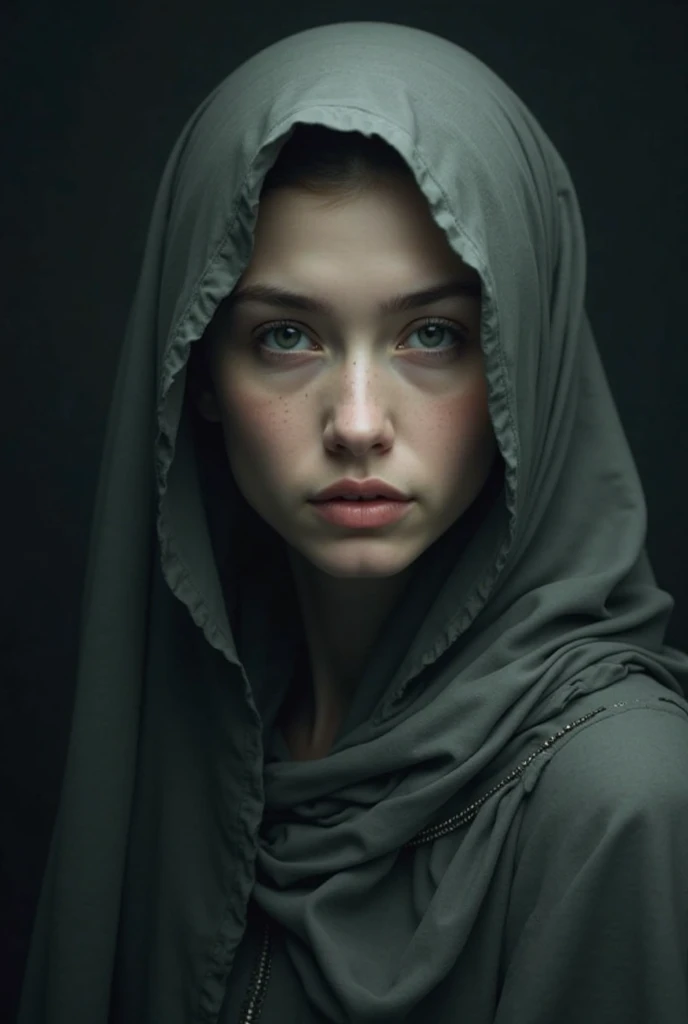 A woman covering face with scarf