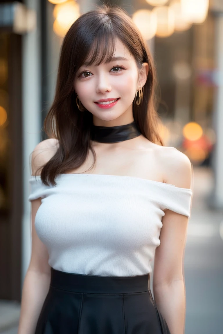 (highest quality,masterpiece:1.3,ultra high resolution,surreal),(Real like a photo,Super detailed,caustics,8K),(very detailed,realistic:1.4,RAW shooting),1 girl,(smile and look down at the camera),(front shot:1.1),(look forward),20-year-old,Super cute,(bright personality),Japanese,glamorous,(big boobs),(close),(chest focus),street,sunlight,Natural light,(Backlight),(A bright light shines from behind),(Lens flare),professional writing,(mini skirt),(winter fashion trends),(full body shot),(No makeup)