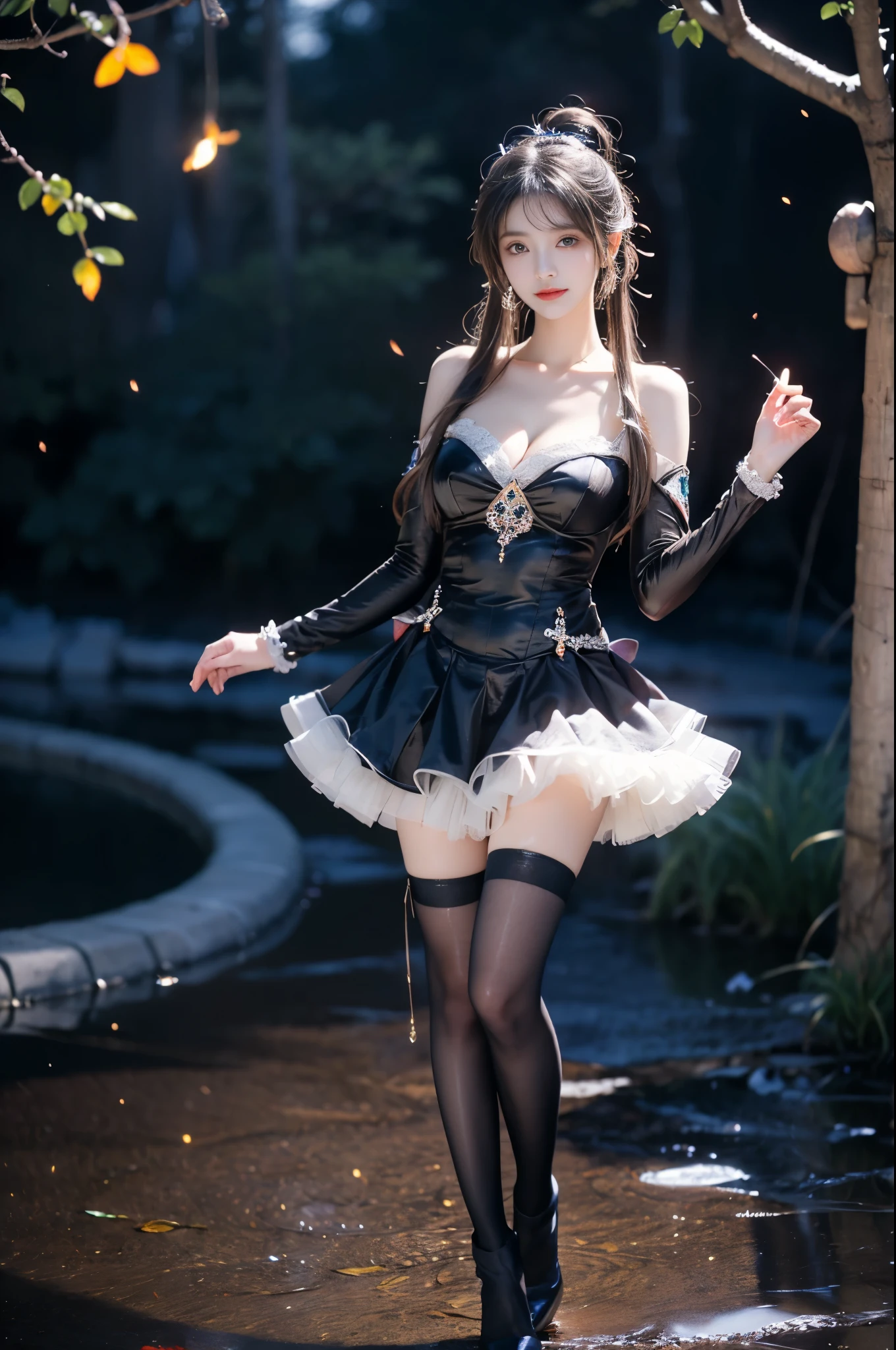 Splitting characters is prohibited,(Full body shot:1.3), Must show your face, anatomy correct, Dance on the sea,The breath of nature,Polished pointed-toe heels must be worn,Stocking tights are mandatory, Colorful floral Lolita dress, A shallow laugh, Complex and diverse backgrounds,Strangling effect,hyper HD, Ray traching, structurally correct, Award-Awarded, high detal, lightand shade contrast, Face lighting,cinmatic lighting, tmasterpiece, super detailing, high high quality, high detal, best qualityer, 16