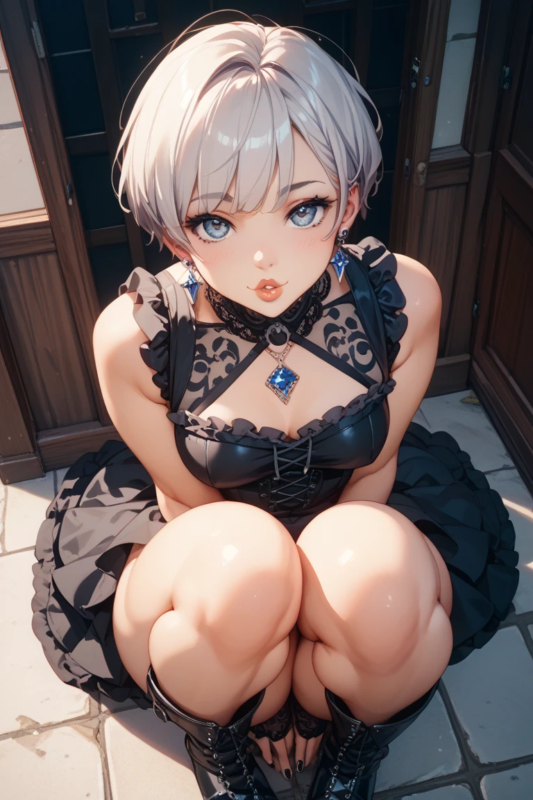 Anime girl sitting on the floor with hands on knees and making loud hissing, Guvez, seductive anime girl, Guvez on pixiv artstation, Guvez on artstation pixiv, Wear clothes, Beautiful charming anime woman, beautiful anime girl, artwork in the style of Guvez, Guvez masterpiece