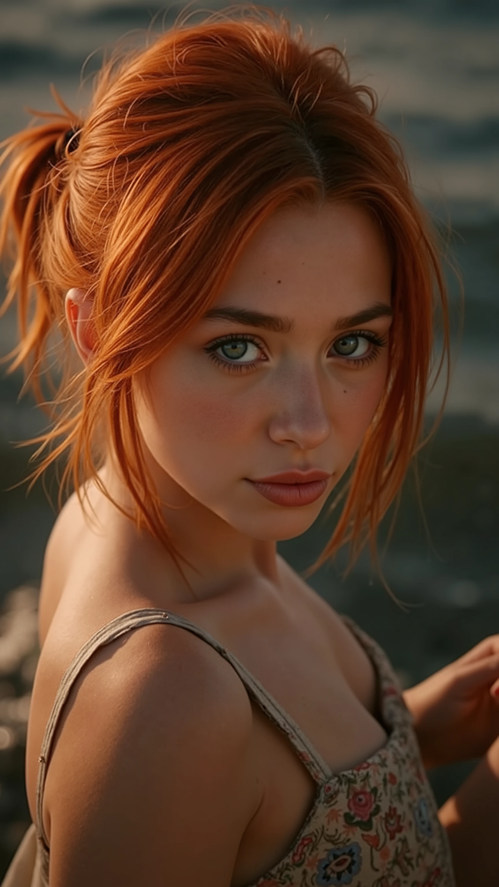 🌟 quality & silent: whole head down to below the chest, masterpiece, 8k, ultra high resolution, hyperrealistic, very detailed, natural lighting, SLR lighting, SLR camera , Fujifilm XT3, film grain, Sharp concentration, perfect lighting. 🌌 Scene & background: different backgrounds: A romantic sunset on the beach, with warm, golden hues . A dark, mysterious forest with moonlight, that falls through the trees. A luxurious Bedroom with candlelight and silky curtains. Ein urbaner background mit Neonlichtern und regennassen Straßen. 😈 model & Styling: A young , wild girl with fiery red hair, different hairstyles such as flattop, quin tails, tri tails, pixie cut, expressive hair, single sidelock, hair pulled back, french braid, blunt bangs, ahoge, streaked hair, which in various Poses fall loose or styled are, and bright blue eyes . She is wearing a lightweight , torn dress made of natural materials, that underlines her free and independent nature. 🔥 Pose & Mood: Different sensual facial expressions: she looks directly at the camera , with a seductive smile and half-closed eyes. She opens her lips slightly, with a playful and tempting look. She tilts her head slightly to the side, with a dreamy and sensual expression. She looks over her shoulder, with a mysterious and intense look. Die Mood ist sinnlich, seductive and full of emotions. 💋
