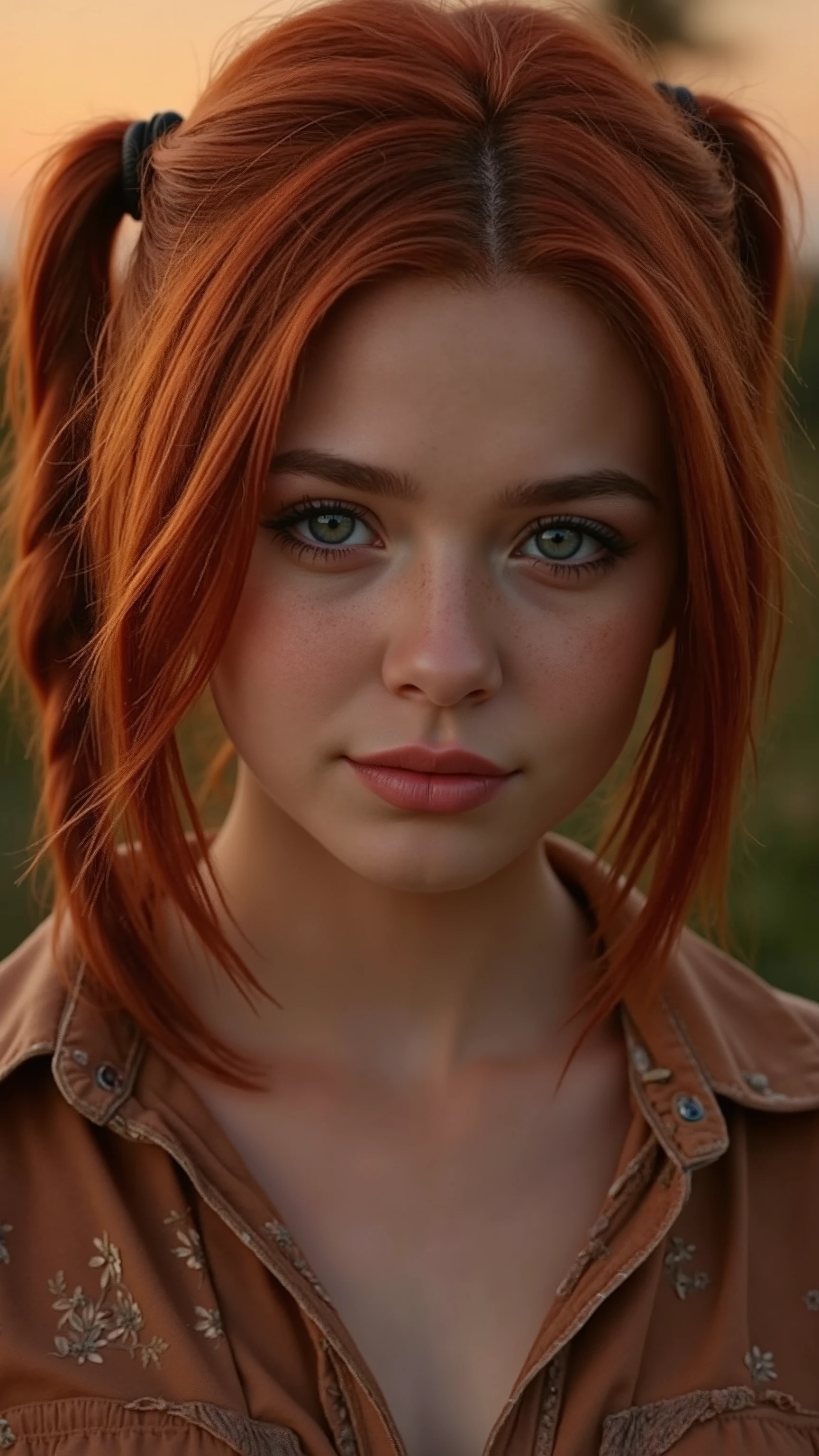 🌟 quality & silent: whole head down to below the chest, masterpiece, 8k, ultra high resolution, hyperrealistic, very detailed, natural lighting, SLR lighting, SLR camera , Fujifilm XT3, film grain, Sharp concentration, perfect lighting. 🌌 Scene & background: different backgrounds: A romantic sunset on the beach, with warm,  golden hues . A dark, mysterious forest with moonlight, that falls through the trees. A luxurious Bedroom with candlelight and silky curtains. Ein urbaner background mit Neonlichtern und regennassen Straßen. 😈 model & Styling: A young , wild girl with fiery red hair, different hairstyles such as flattop, quin tails, tri tails, pixie cut, expressive hair, single sidelock, hair pulled back, french braid, blunt bangs, ahoge, streaked hair, which in various Poses fall loose or styled are,  and bright blue eyes .  She is wearing a lightweight , torn dress made of natural materials, that underlines her free and independent nature. 🔥 Pose & Mood: Different sensual facial expressions:  she looks directly at the camera , with a seductive smile and half-closed eyes. She opens her lips slightly, with a playful and tempting look. She tilts her head slightly to the side, with a dreamy and sensual expression. She looks over her shoulder, with a mysterious and intense look. Die Mood ist sinnlich, seductive and full of emotions. 💋 