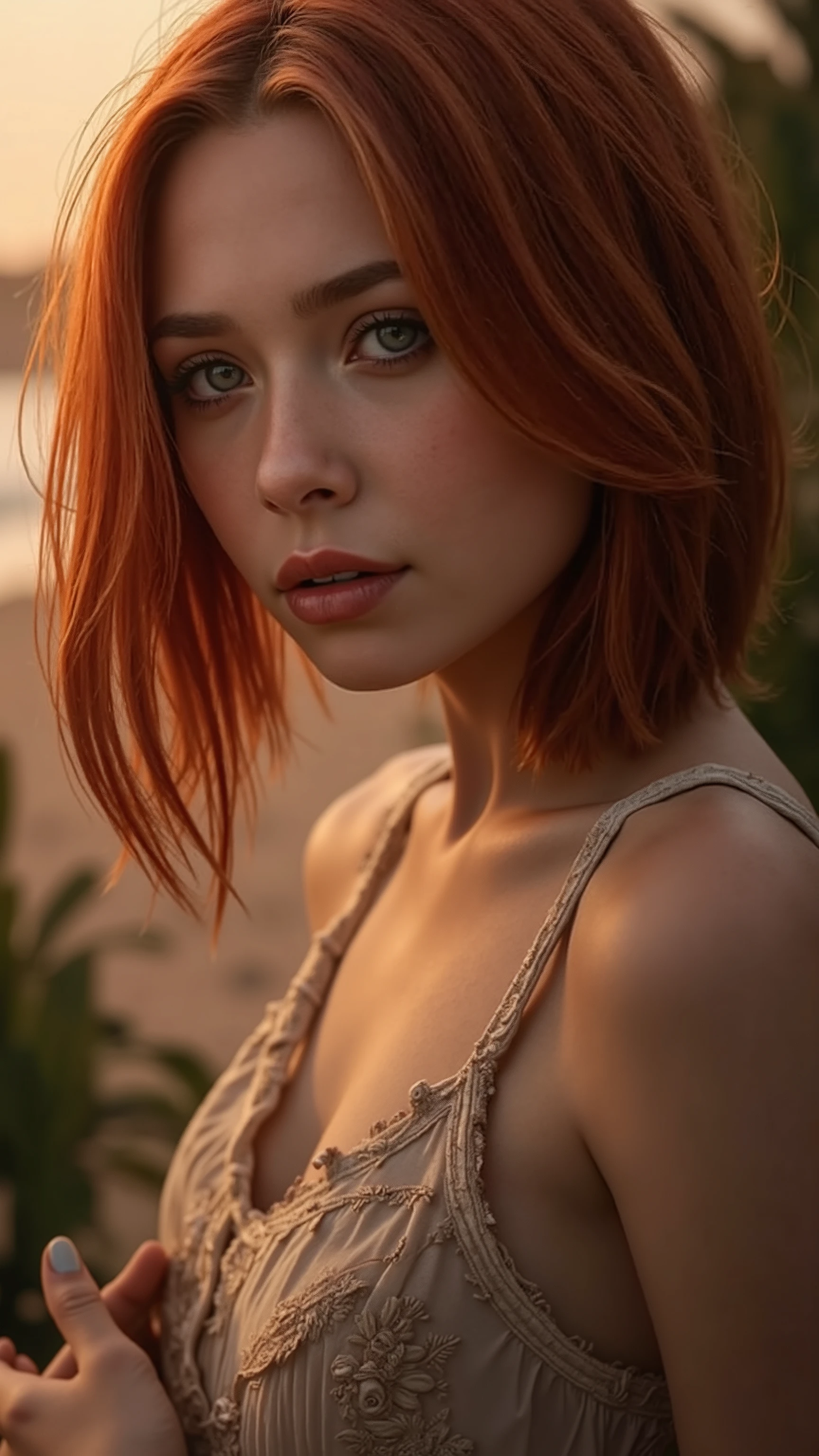 🌟 quality & silent: whole head down to below the chest, masterpiece, 8k, ultra high resolution, hyperrealistic, very detailed, natural lighting, SLR lighting, SLR camera , Fujifilm XT3, film grain, Sharp concentration, perfect lighting. 🌌 Scene & background: different backgrounds: A romantic sunset on the beach, with warm,  golden hues . A dark, mysterious forest with moonlight, that falls through the trees. A luxurious Bedroom with candlelight and silky curtains. Ein urbaner background mit Neonlichtern und regennassen Straßen. 😈 model & Styling: A young , wild girl with fiery red hair, different hairstyles such as flattop, quin tails, tri tails, pixie cut, expressive hair, single sidelock, hair pulled back, french braid, blunt bangs, ahoge, streaked hair, which in various Poses fall loose or styled are,  and bright blue eyes .  She is wearing a lightweight , torn dress made of natural materials, that underlines her free and independent nature. 🔥 Pose & Mood: Different sensual facial expressions:  she looks directly at the camera , with a seductive smile and half-closed eyes. She opens her lips slightly, with a playful and tempting look. She tilts her head slightly to the side, with a dreamy and sensual expression. She looks over her shoulder, with a mysterious and intense look. Die Mood ist sinnlich, seductive and full of emotions. 💋 