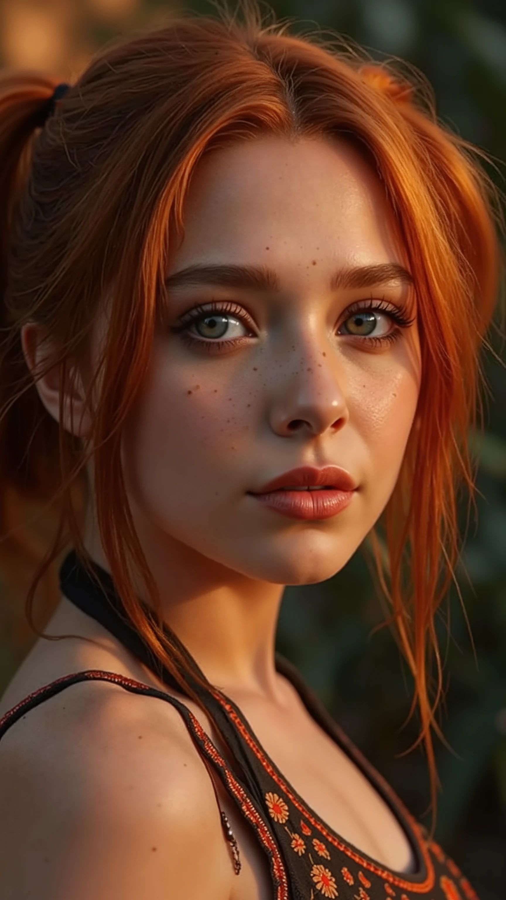 🌟 quality & silent: whole head down to below the chest, masterpiece, 8k, ultra high resolution, hyperrealistic, very detailed, natural lighting, SLR lighting, SLR camera , Fujifilm XT3, film grain, Sharp concentration, perfect lighting. 🌌 Scene & background: different backgrounds: A romantic sunset on the beach, with warm, golden hues . A dark, mysterious forest with moonlight, that falls through the trees. A luxurious Bedroom with candlelight and silky curtains. Ein urbaner background mit Neonlichtern und regennassen Straßen. 😈 model & Styling: A young , wild girl with fiery red hair, different hairstyles such as flattop, quin tails, tri tails, pixie cut, expressive hair, single sidelock, hair pulled back, french braid, blunt bangs, ahoge, streaked hair, which in various Poses fall loose or styled are, and bright blue eyes . She is wearing a lightweight , torn dress made of natural materials, that underlines her free and independent nature. 🔥 Pose & Mood: Different sensual facial expressions: she looks directly at the camera , with a seductive smile and half-closed eyes. She opens her lips slightly, with a playful and tempting look. She tilts her head slightly to the side, with a dreamy and sensual expression. She looks over her shoulder, with a mysterious and intense look. Die Mood ist sinnlich, seductive and full of emotions. 💋