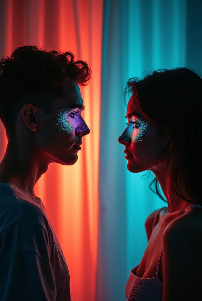 arafed image of a woman with a man's face in the background, an album cover by Giorgio Cavallon, tumblr, digital art, glowing face, blue and red lighting, glowing blue face, red and blue lighting, red and blue back light, blue and red lights, red and blue neon, blue and red tones, light falling on face, face illuminated
