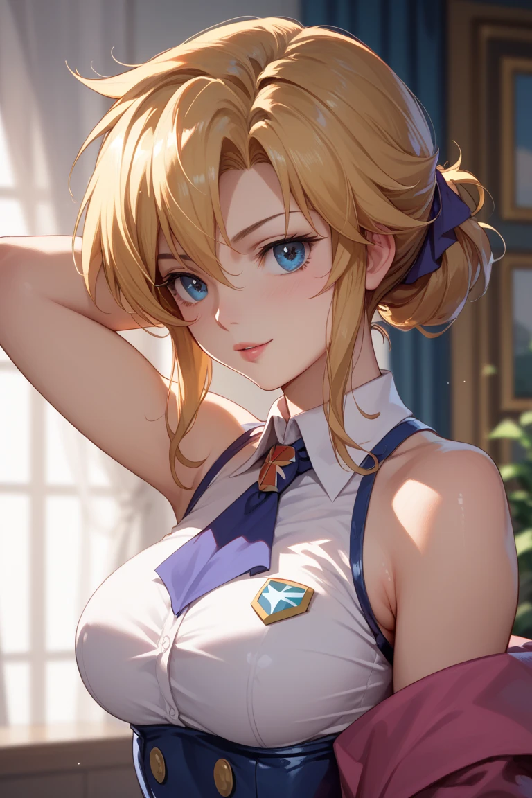 Short hairstyles for silver hair and bob、Hair tied up in a bun with a hair clip、pink eyes、smile、yellow tight sleeveless uniform、tight shorts、crown、Gold Element、she-ra、muste piece、high resolution、4K、hard disk、good detail