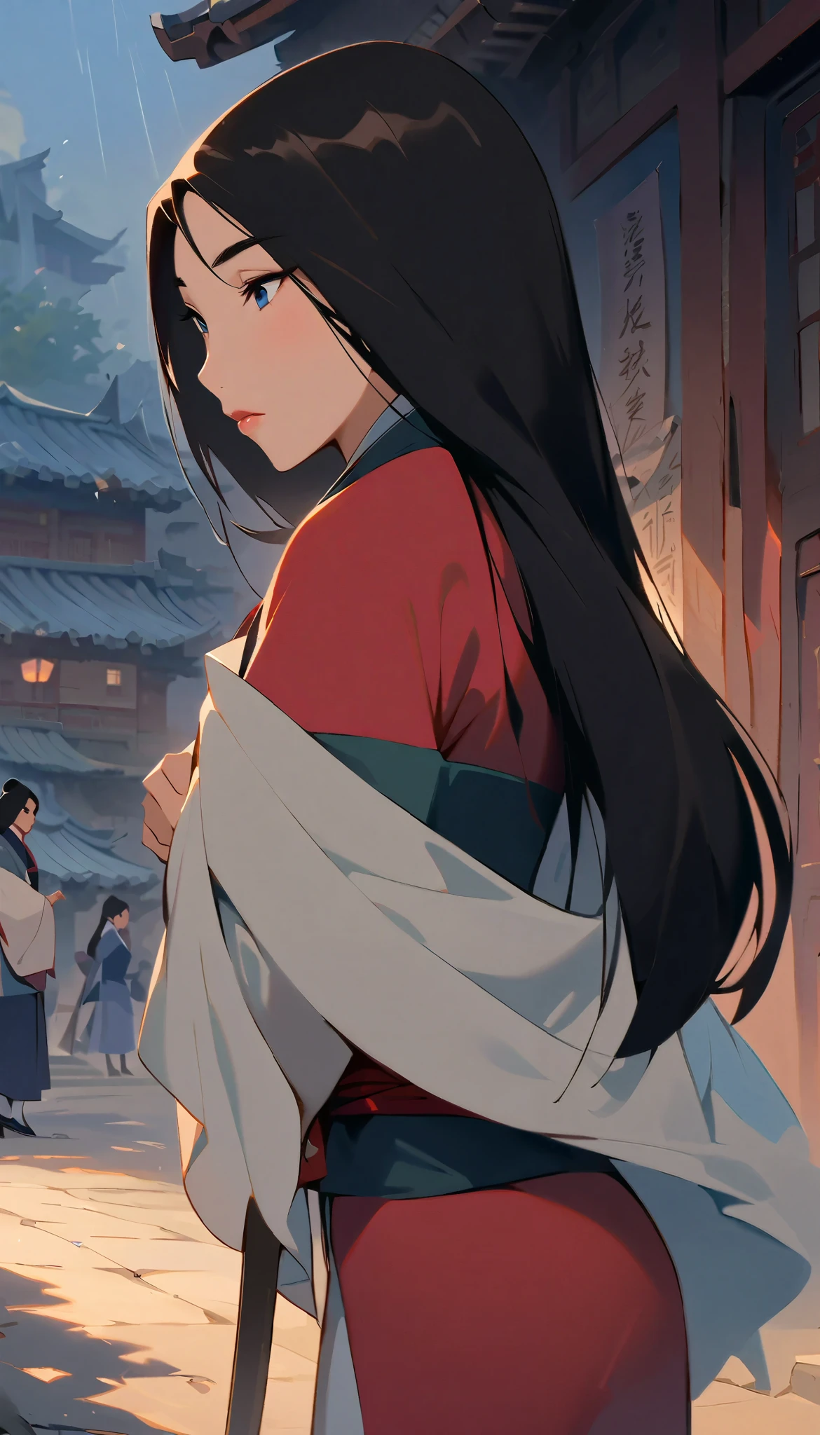 Hua Mulan,Show female shy,19 years old, like a porcelain doll, fine features, delicate,Black and red color scheme,poster,iconic disney characters。shonen style, anime style, straight hair, big hair, ((long hair)) ,japanese young woman warrior, black hair, traditional japanese dress, wind blow, winter, ((raining on winter)), bottom perspective, panoramic view, fantastic lighting, detailed, with an sword, ((perfect eyes)), ((really shy)), woman body, kunoichi, dutch angle, shinobi village, konohagakure, ((closed mouth)),((loooking down))
