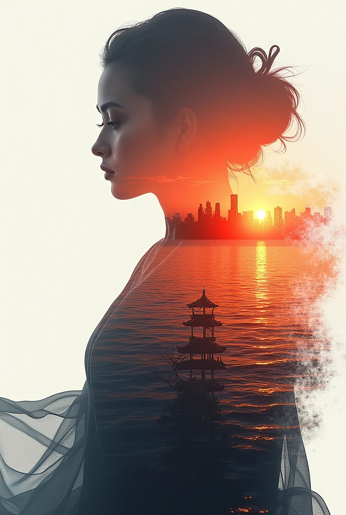 high quality, 8K Ultra HD, A beautiful double exposure that combines an goddess silhouette with sunset coast, sunset coast should serve as the underlying backdrop, with its details incorporated into the goddess , crisp lines, The background is monochrome, sharp focus, double exposure, by yukisakura, awesome full color,