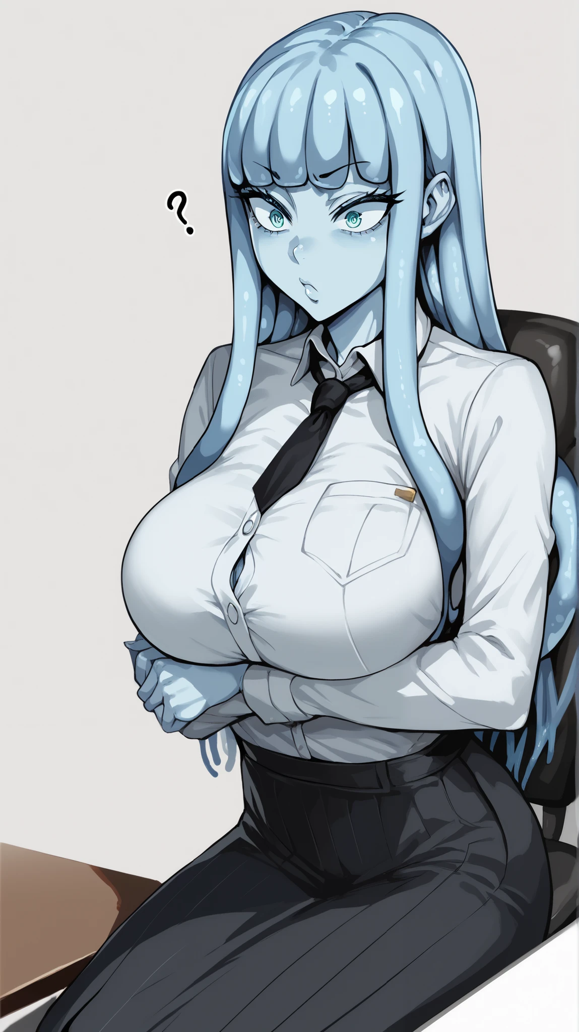 check_9, check_8_up, check_7_up, check_6_up, ,
expressive eyes, perfect face, detailed face, 8 k, lush, Plump, (wide hips), (thick thighs), Giant breasts, long sky blue hair, jeans, collared shirt, purple eyes, stoic, holding a pen and a file, Spectacled, bored, bored expression, wear a face mask, Cinematic background, ultra detailed, highleg voluptuous