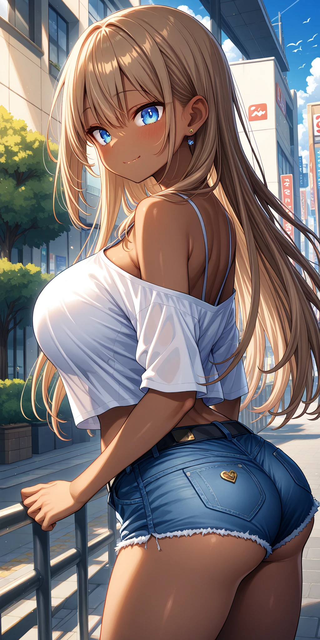 masterpiece, best quality, highly detailed, ultra high res, ayase arisa, ichinose asuna, 1girl, solo, light brown hair, blue eyes,very long hair,hair over one eyes, glossy lips, full lips, large breasts, city, cherry blossoms, halter top, jeans, looking back at viewer