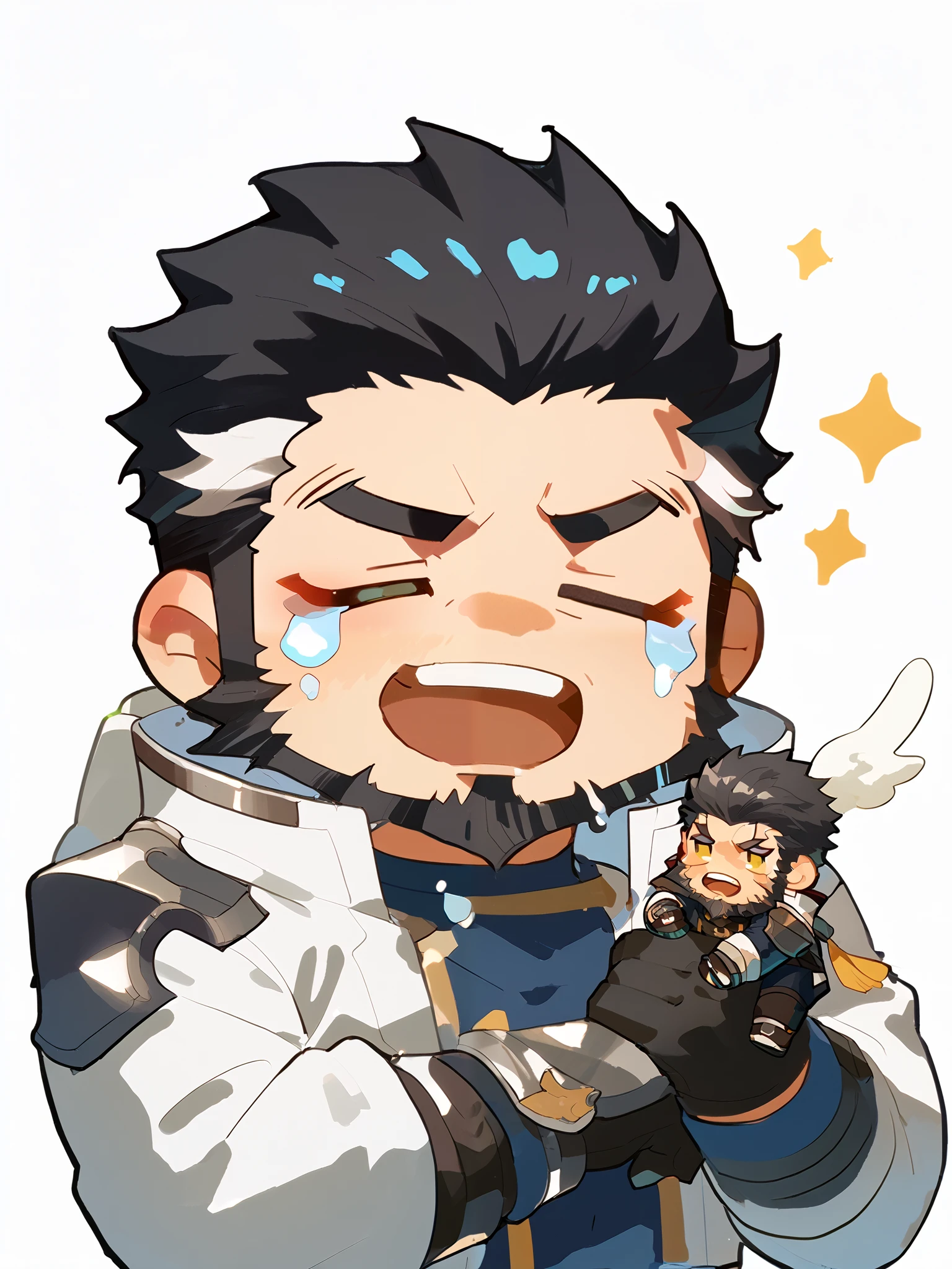 boy,   short hair, black hair, white streak, Gloves , scar,'s only,   beard,   unclothed,  Mini , cute,Unhappy,cry, chibi