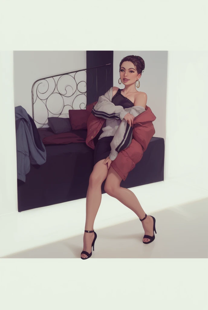 photorealistic image of a pretty lady MoonLay, wearing long sleeve shirt and mini tight skirt, stiletto high heel, full body view, long wavy hair, seductive looking at viewer, glow dark HD makeup, red glossy lips, standing on a floor, realistic, ultra realistic, white room, there is space around the figure, leg up, knee up, foot on the table, bend over posture, someone sits in bed, dynamic perspective pose, perfect anatomy,