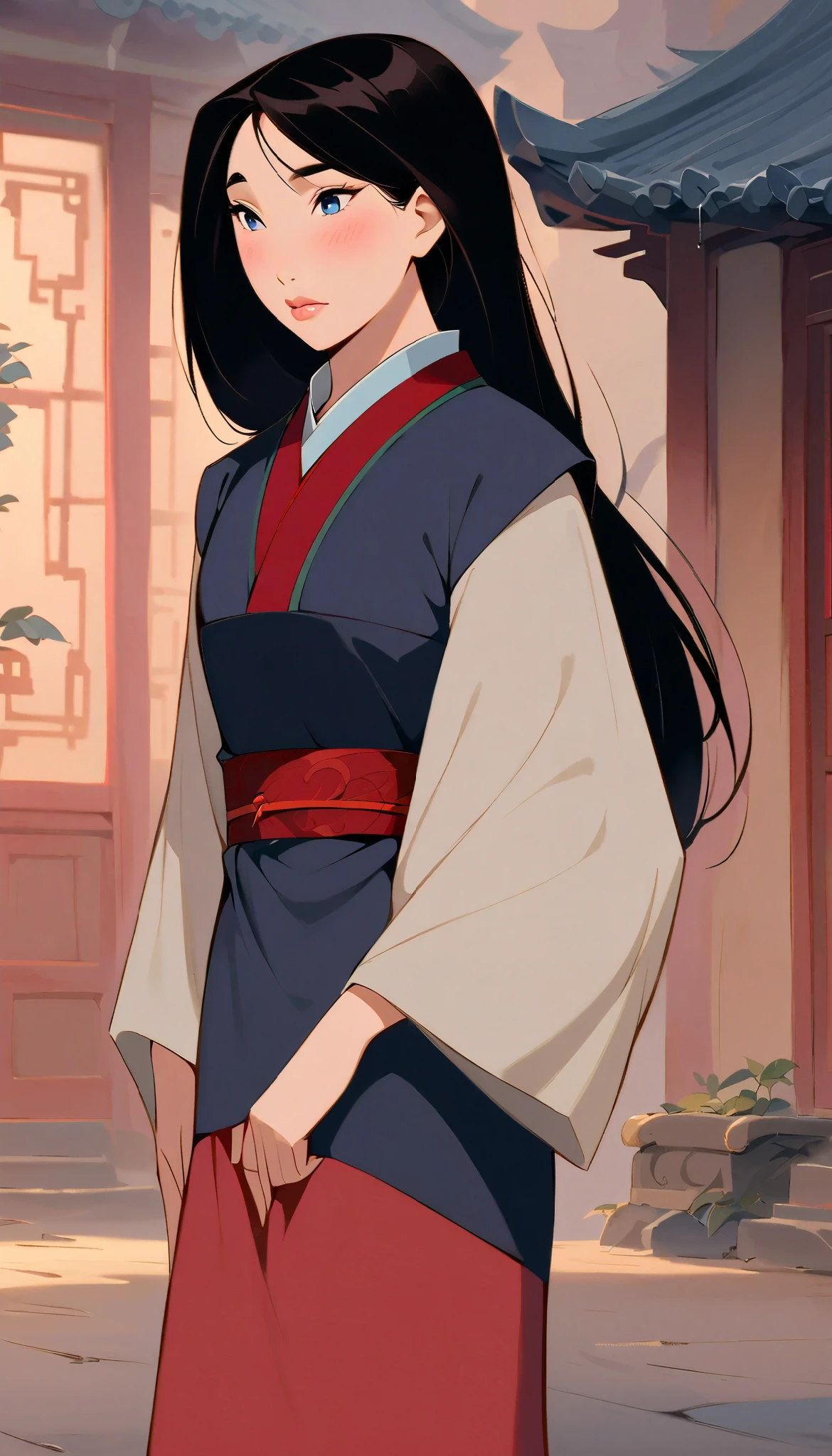 Hua Mulan,Show female shy,19 years old, like a porcelain doll, fine features, delicate,Black and red color scheme,poster,iconic disney characters。shonen style, anime style, straight hair, big hair, ((long hair)) ,japanese young woman warrior, black hair, traditional japanese dress, wind blow, winter, ((raining on winter)), bottom perspective, panoramic view, fantastic lighting, detailed, with an sword, ((perfect eyes)), ((really shy)), woman body, kunoichi, dutch angle, shinobi village, konohagakure, ((closed mouth)),((perfect lips)), ((looking down)) ((blush with shyness))